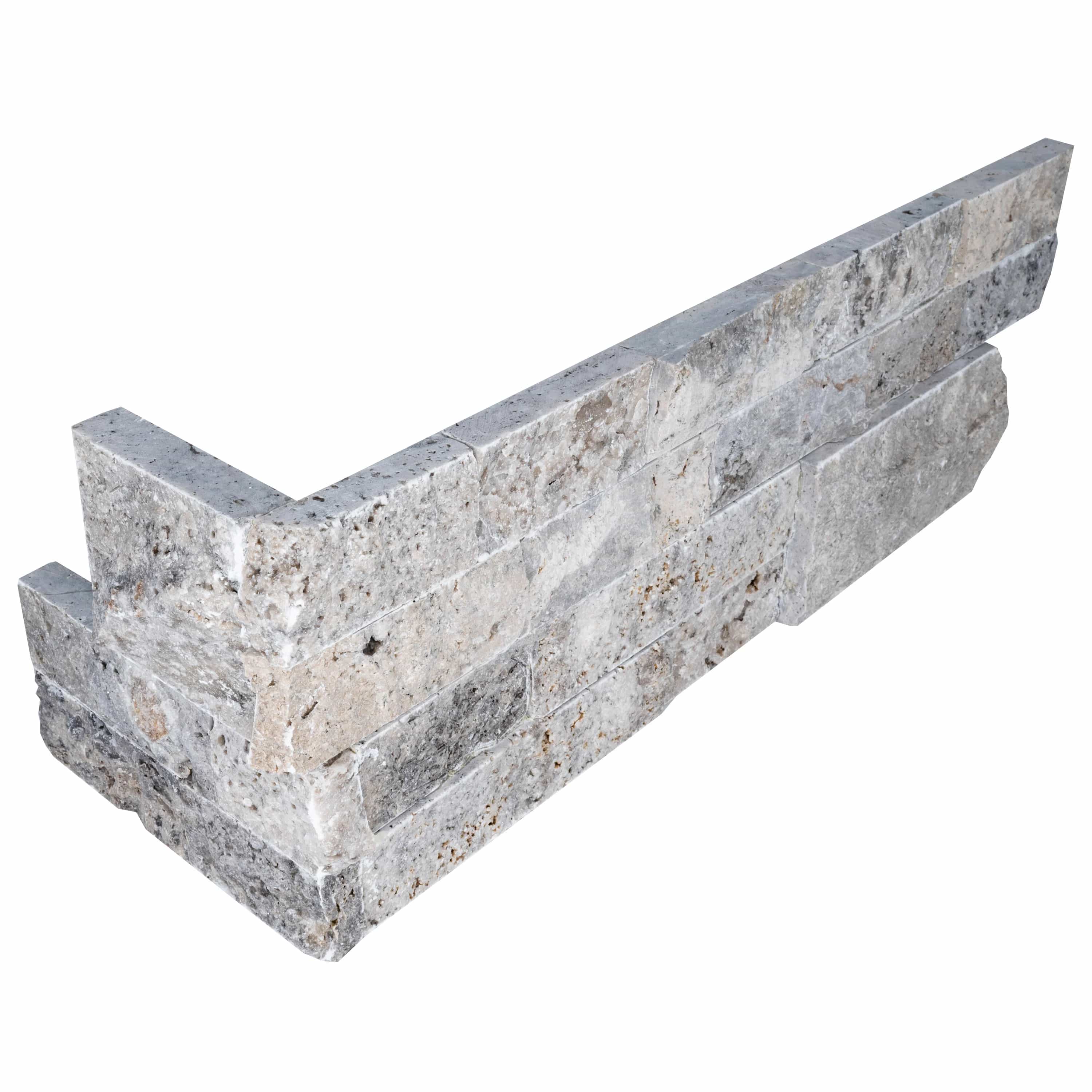 Close-up image of the Silver Travertine Splitface Ledger Panel Corner, 6x18, showcasing its natural stone texture and varied gray tones. The splitface finish highlights the travertine's unique veining and rugged surface, ideal for elegant hardscape pro...