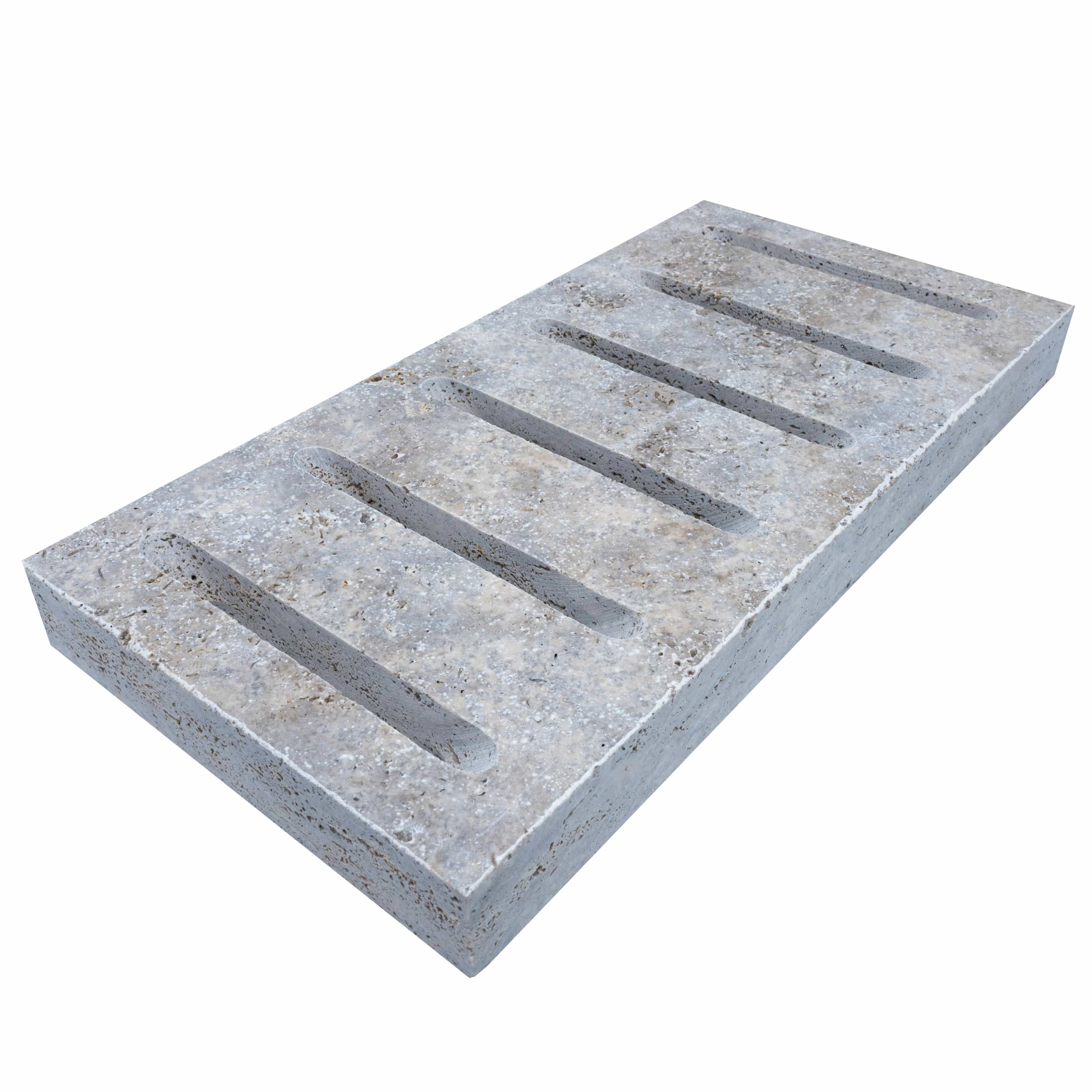 Close-up of Silver Travertine Tumbled 6x12x3cm Drain Decor - Premium, showcasing its natural stone texture, subtle silver hues, and tumbled finish. Ideal for hardscape projects, the travertine displays distinctive veining and a durable, elegant surface.