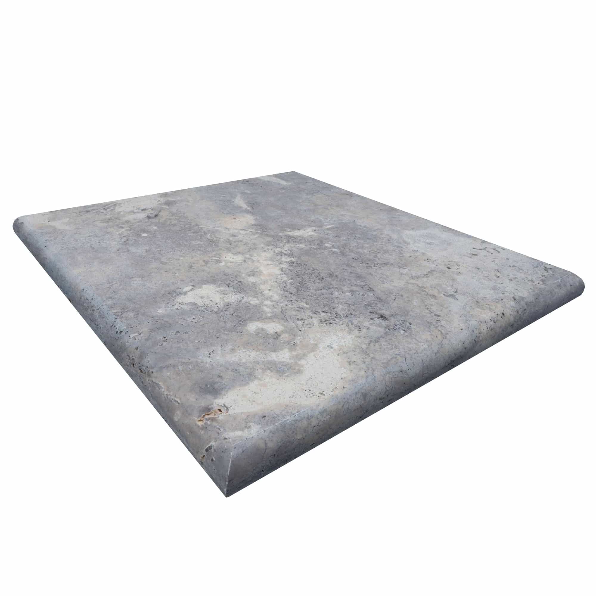 Close-up of the Silver Travertine Tumbled 24x24x2 Four Side Bullnose Cap from the Silver Travertine collection. This premium natural stone features a tumbled finish with soft grey tones, subtle veining, and a smooth, rounded edge, ideal for pool coping...