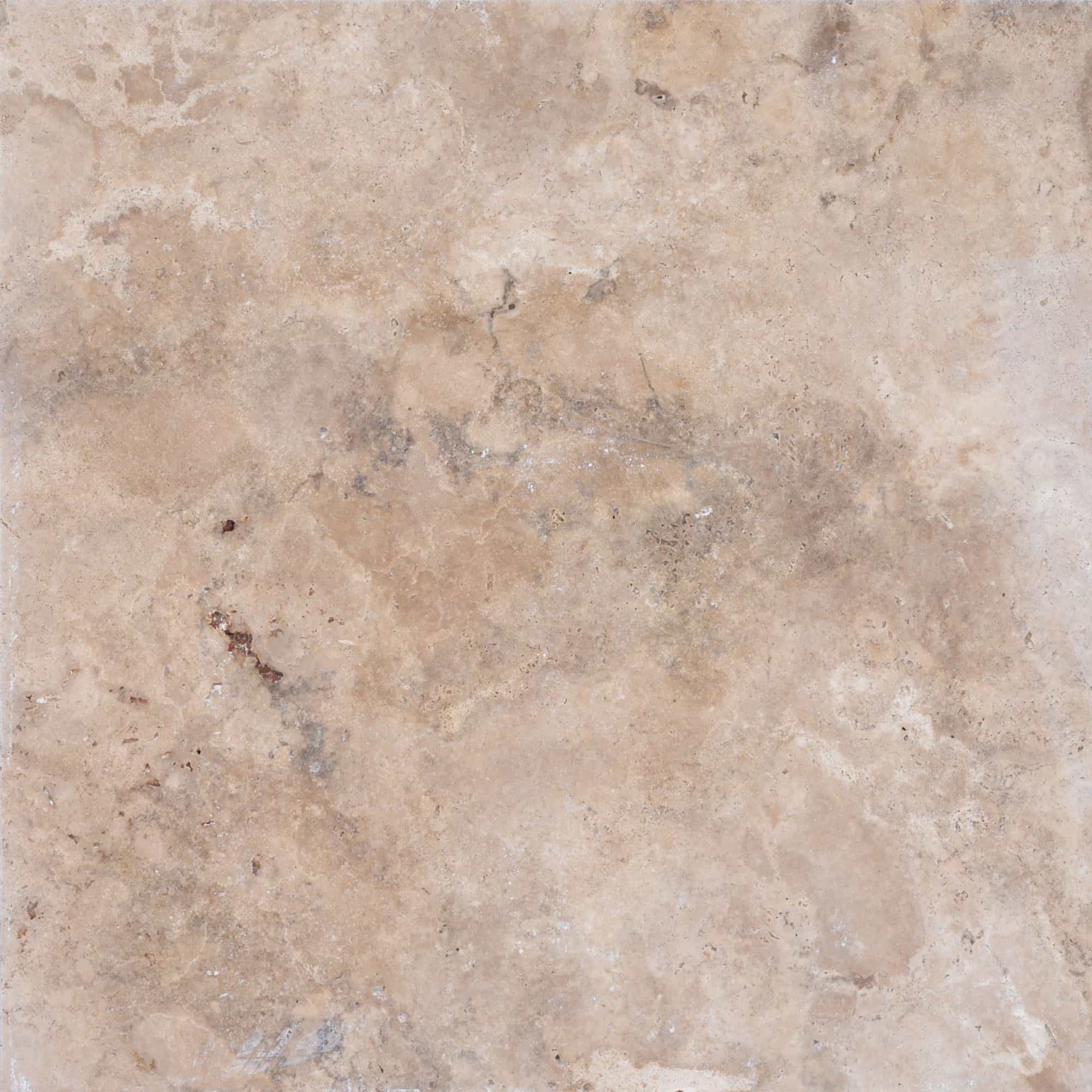 Close-up of Walnut Travertine Tumbled 24x24 3cm Paver, showcasing its natural stone texture with warm beige and walnut tones. The tumbled finish highlights unique veining and subtle variations, ideal for premium hardscape projects and pool decks.
