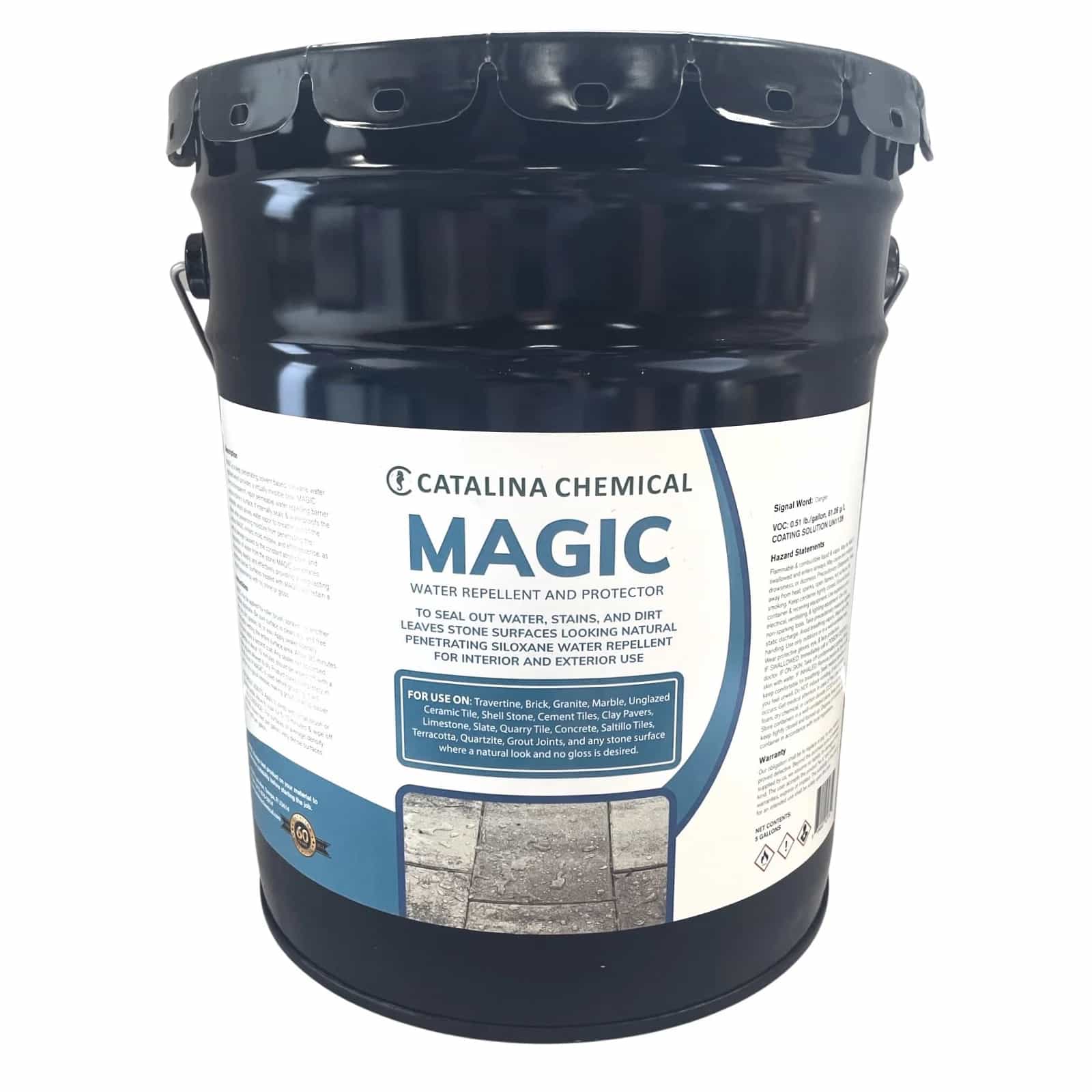 STONELUX MAGIC Water Repellent & Protector in a black container, ideal for sealing natural stone like marble and travertine. Offers transparent, standard protection for hardscape projects, covering 250-300 sqft per gallon. Perfect for pool decks and pa...