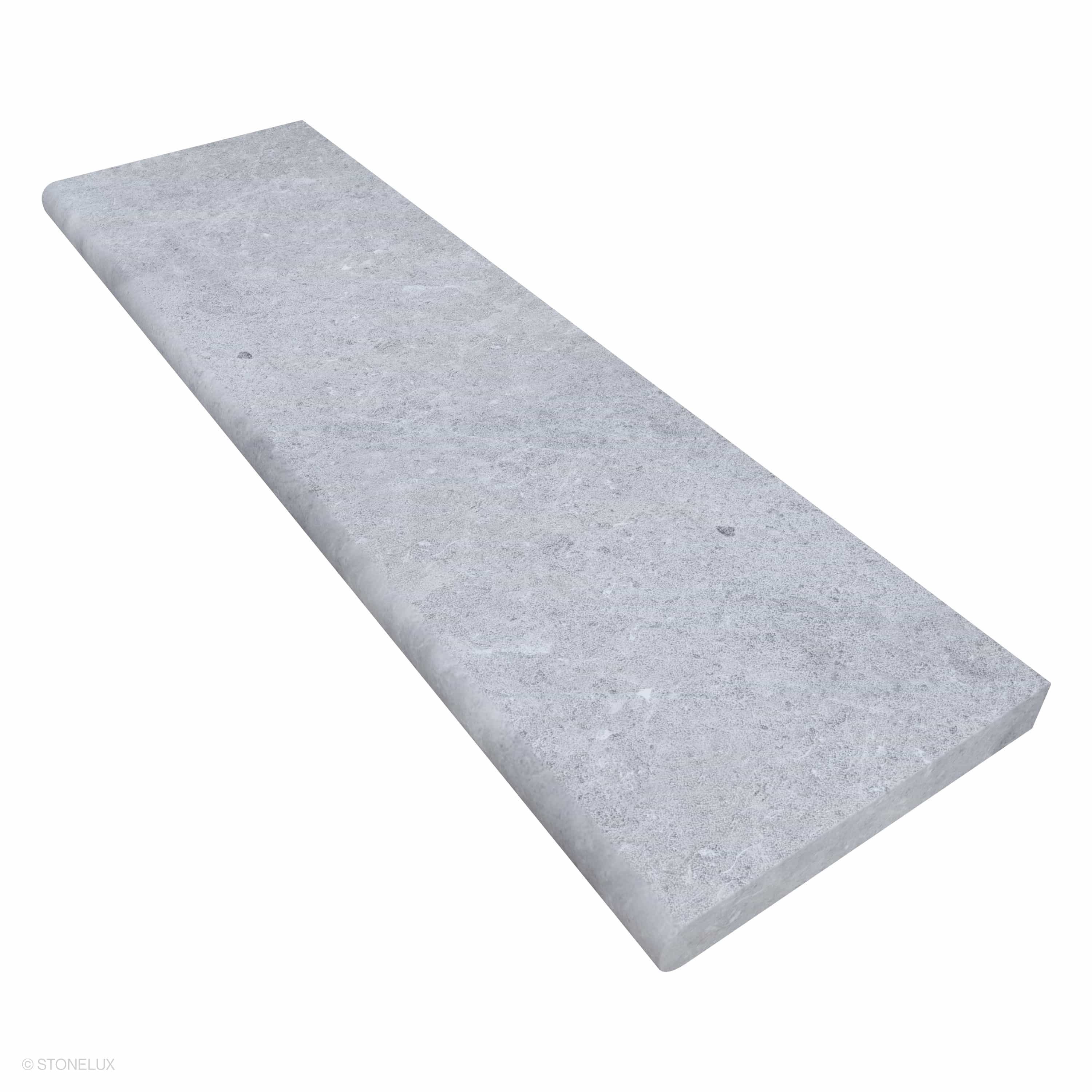 Tundra Grey Marble Sand Blasted 14x48x2 Single Bullnose Coping by STONELUX, showcasing a smooth, sandblasted surface with subtle grey veining. Ideal for pool edges or steps, this marble coping piece enhances modern outdoor designs with its sleek, durab...