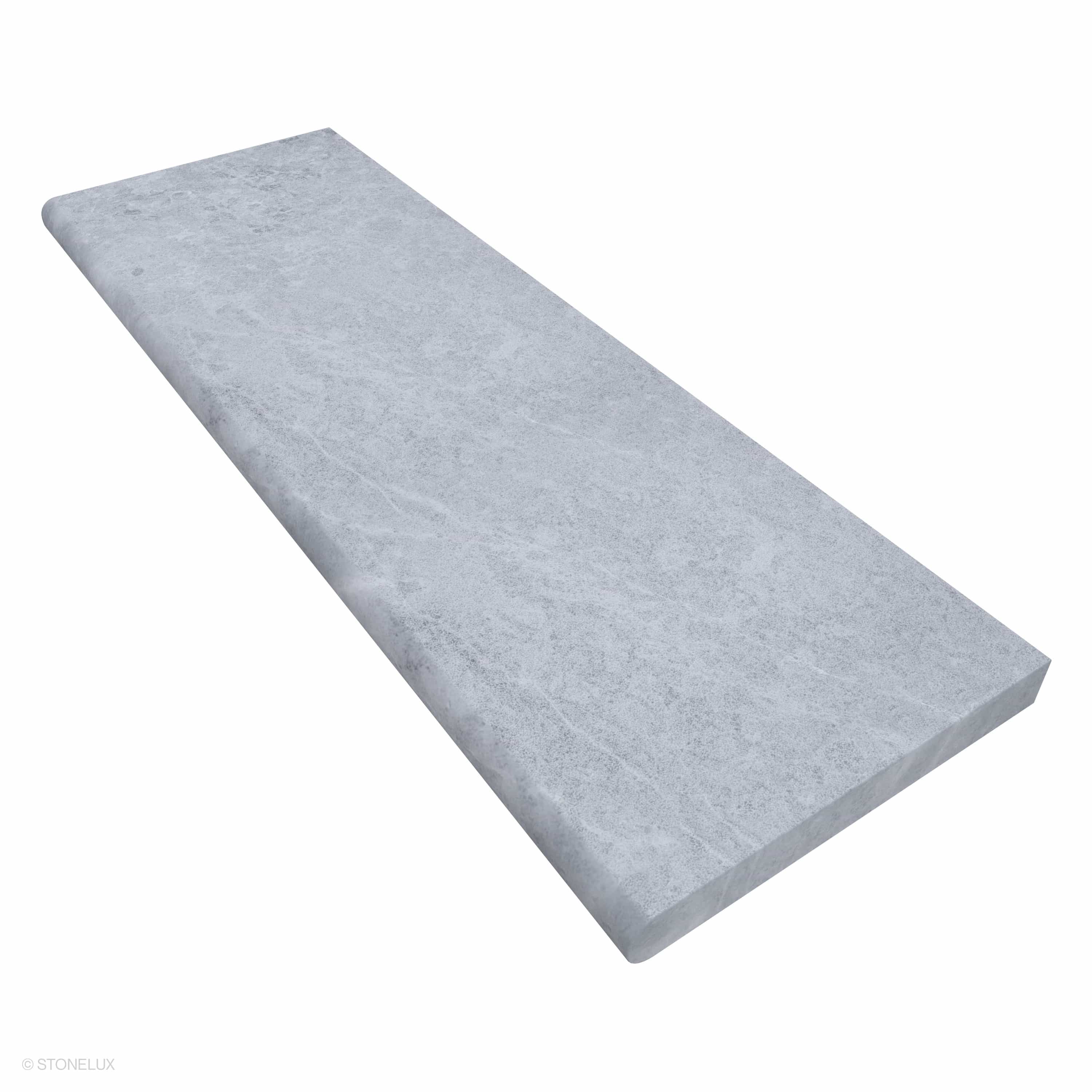 Tundra Grey Marble Sand Blasted 16x48x2 Single Bullnose Coping by STONELUX. The marble piece features a sandblasted finish with subtle grey veining, ideal for pool edges or wall caps. Its sleek, modern design provides a seamless, elegant look.