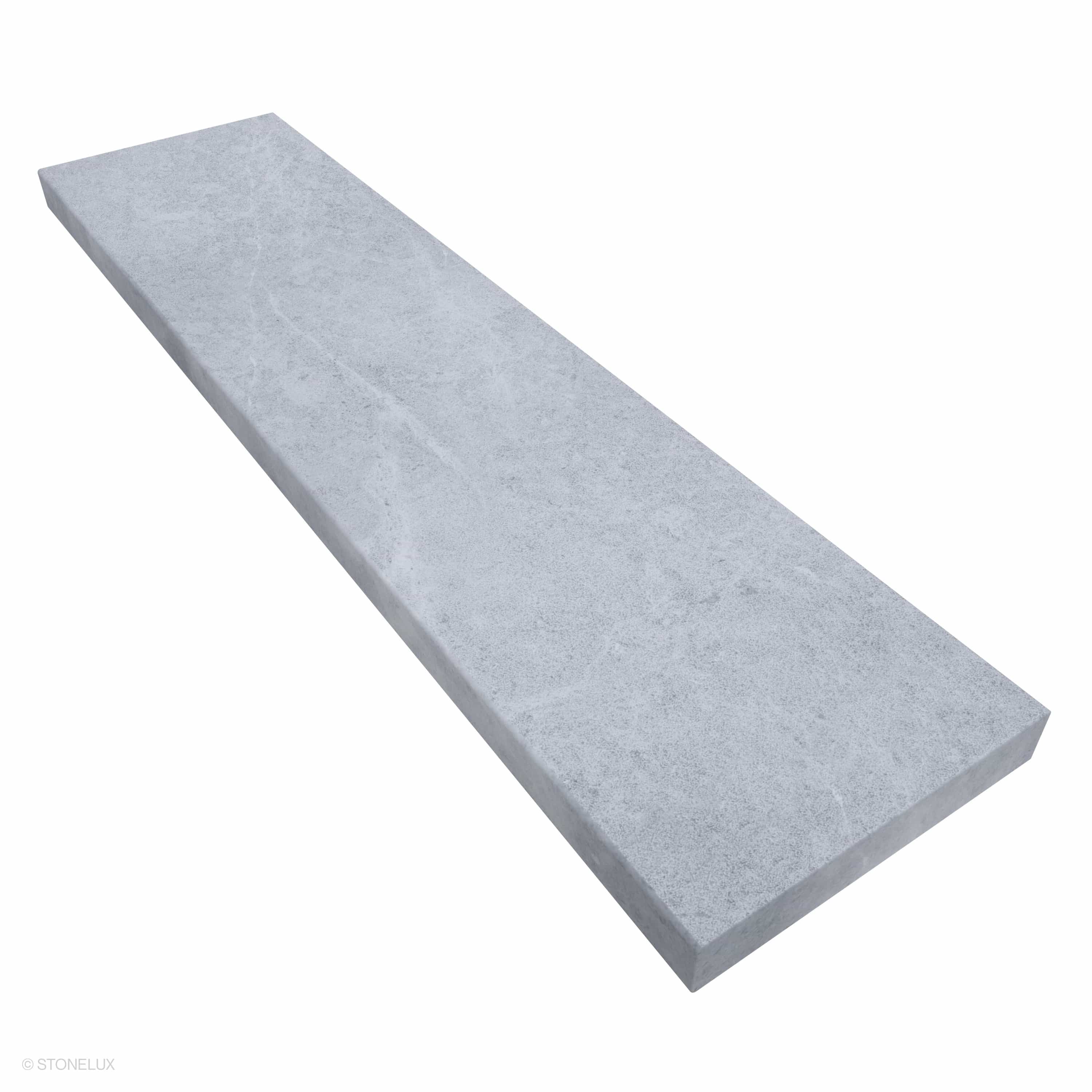 Tundra Grey Marble Sand Blasted 12x48x2 Eased Edge Coping by STONELUX. Features a smooth, sandblasted surface with subtle grey veining. Ideal for pool edges or wall caps. Durable marble with a modern, sleek profile perfect for luxury hardscape projects.