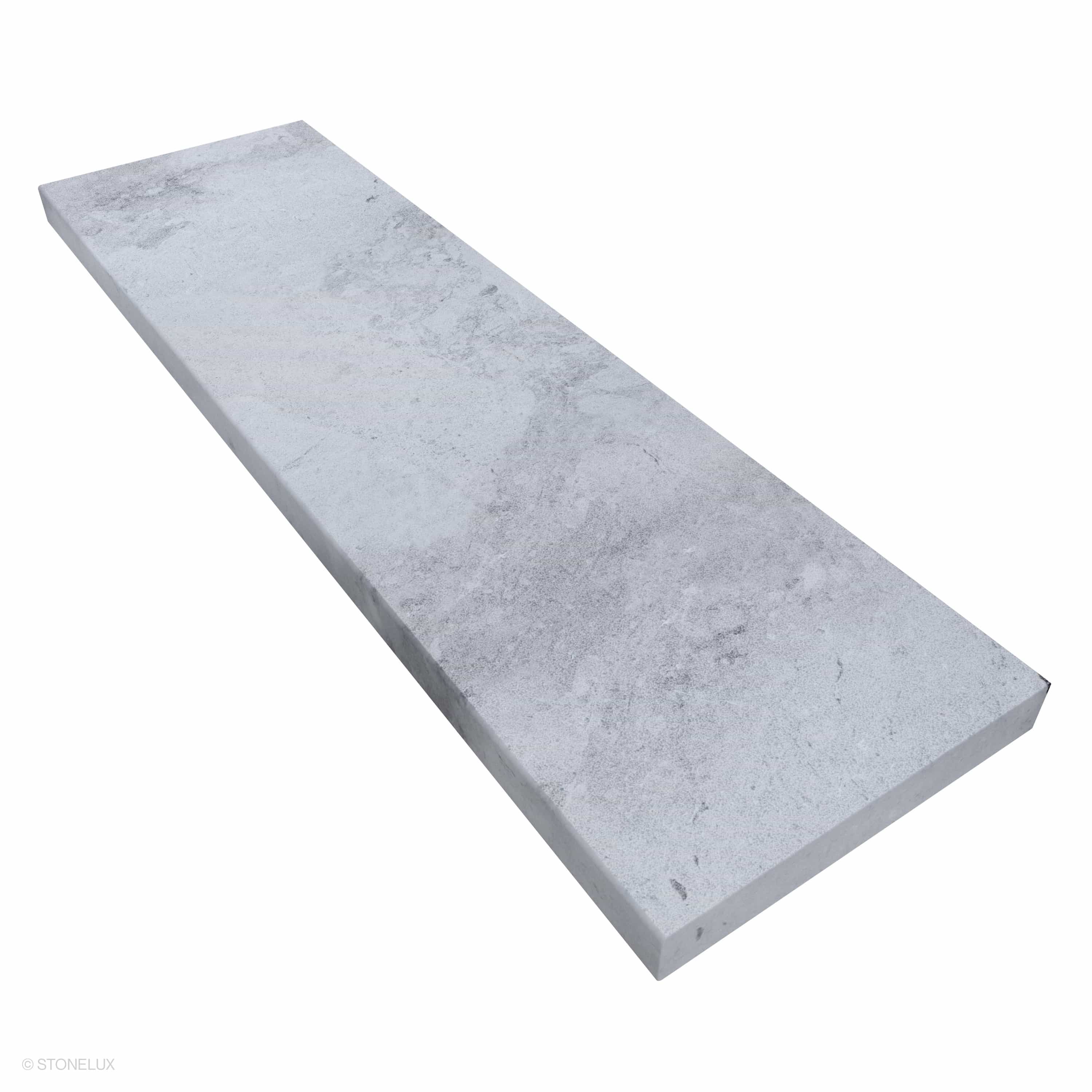 Close-up of the Tundra Grey Marble Sand Blasted 14x48x2 Eased Edge Coping from STONELUX. This marble piece features a sandblasted finish with subtle grey veining, showcasing its natural elegance. Ideal for pool edges and wall caps, enhancing modern har...