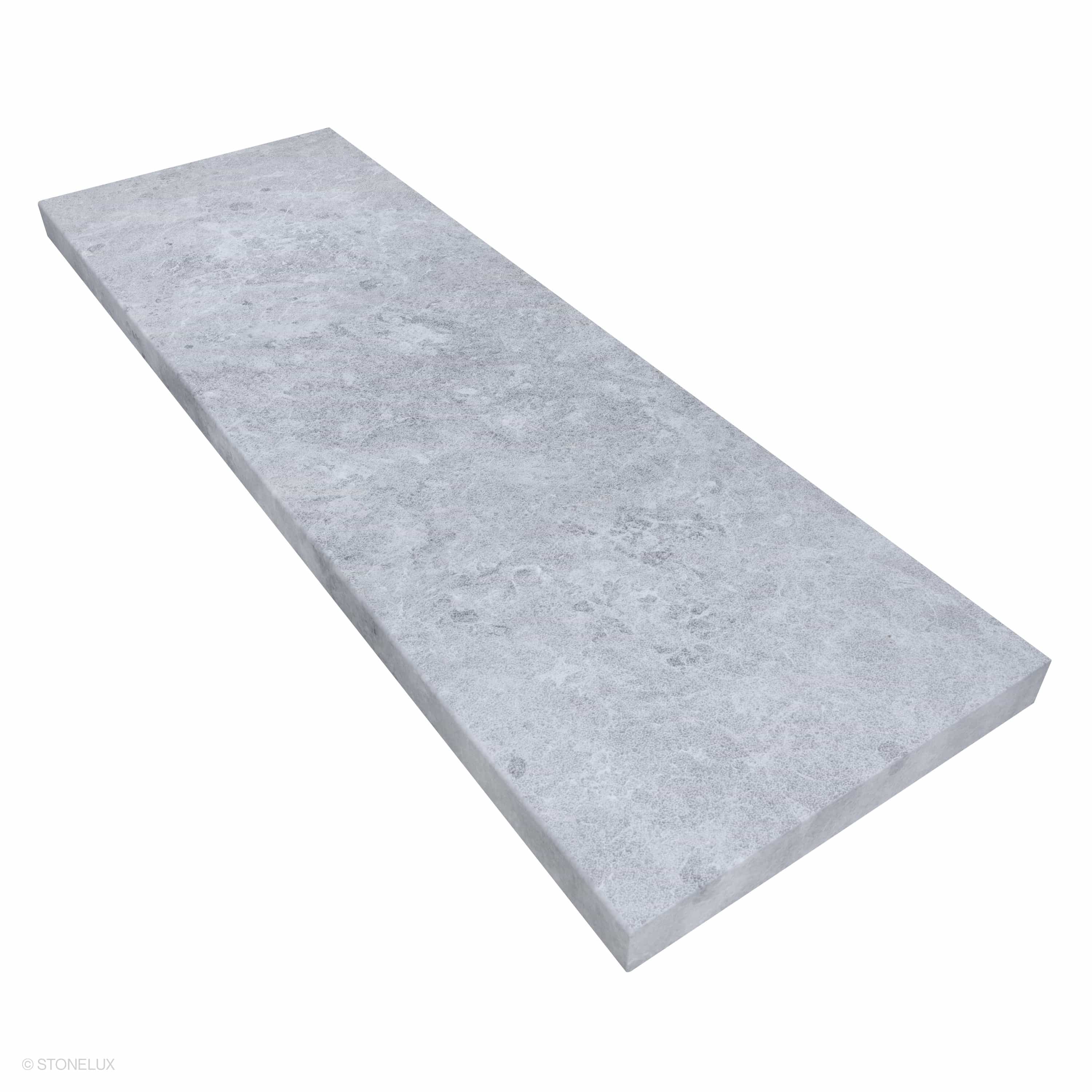 Tundra Grey Marble Sand Blasted 16x48x2 Eased Edge Coping by STONELUX, showcasing a sandblasted marble surface with subtle grey veining. Ideal for pool edges or wall caps, its 16x48 size and eased edge offer a sleek, modern finish.