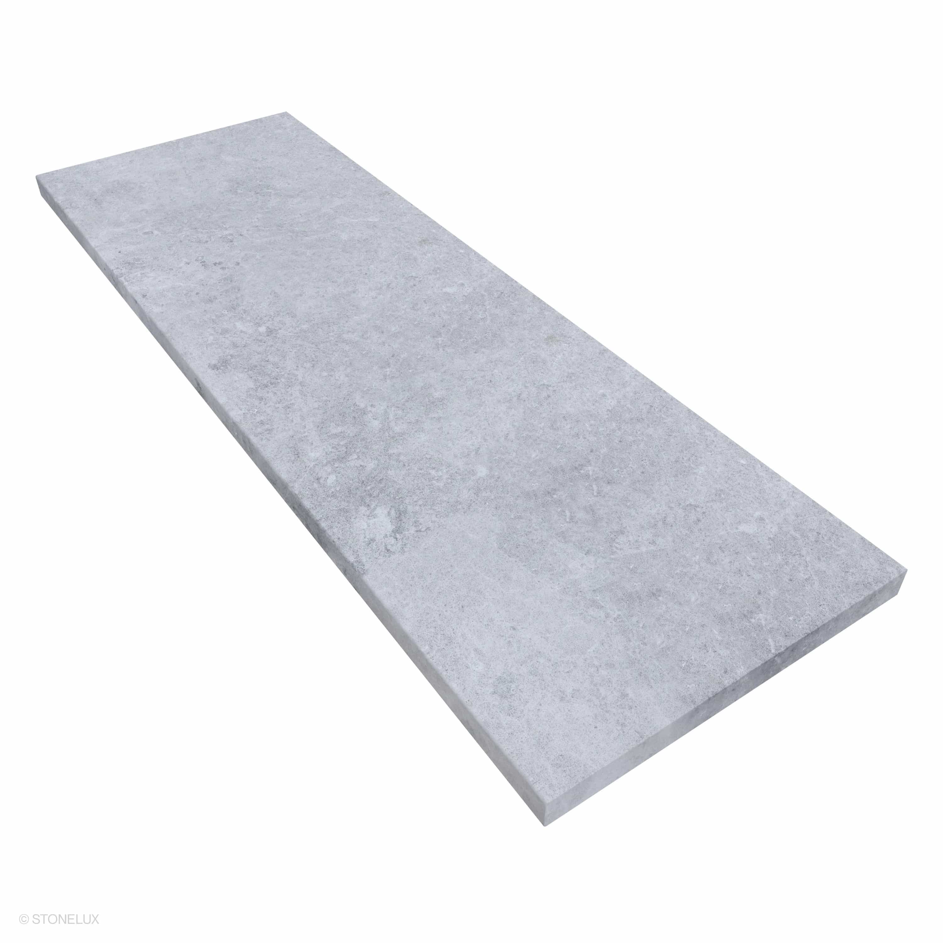 Close-up of Tundra Grey Marble Sand Blasted 24x72x2 Eased Edge Tread by STONELUX. The marble features a sandblasted finish with subtle grey veining, ideal for pool coping or steps. Durable 2-inch thickness and sleek eased edge enhance modern outdoor de...