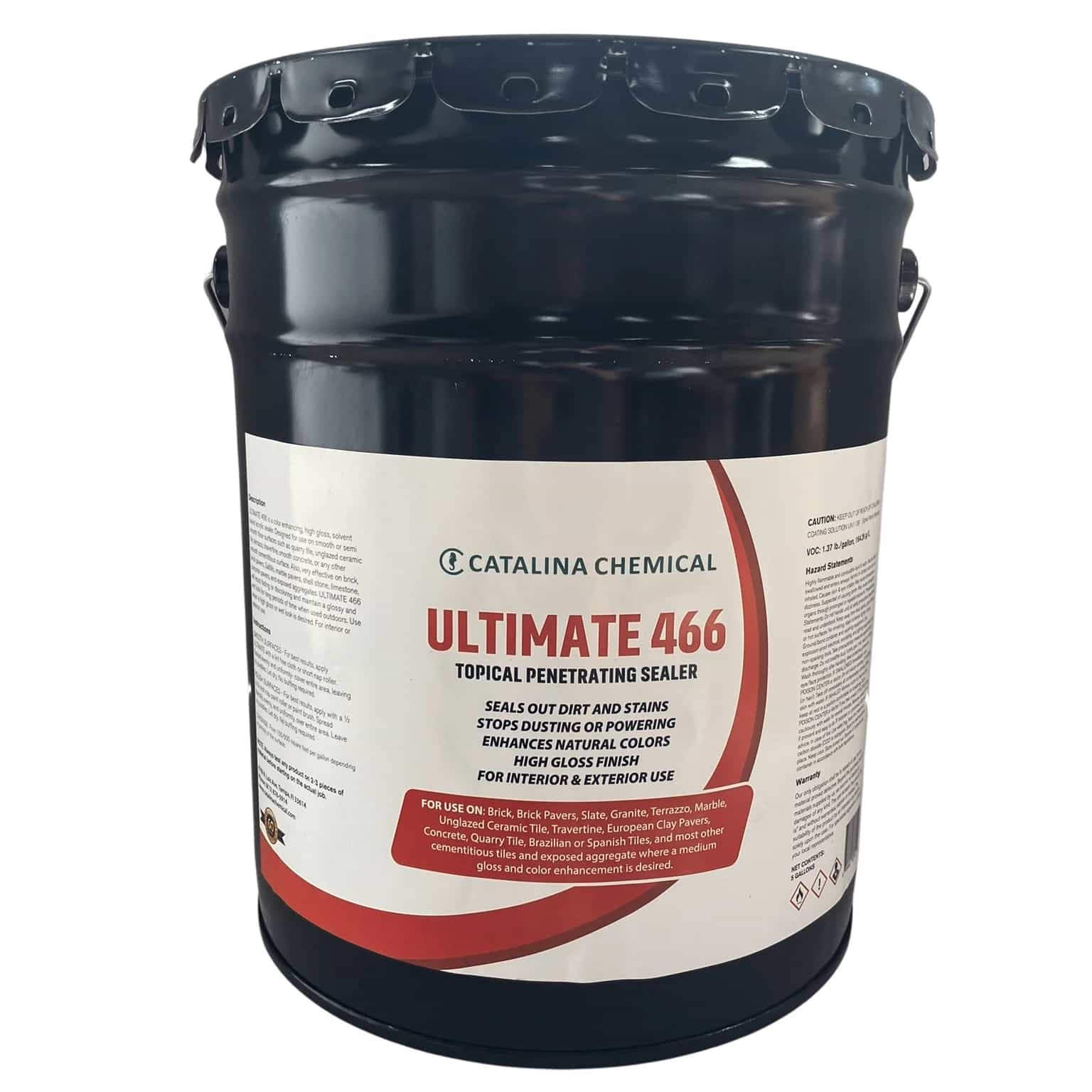 ULTIMATE 466: Color enhancing, High Gloss, Deep Penetrating Protector in a black container with a white label. Ideal for sealing and enhancing natural stone surfaces like marble and travertine. Perfect for hardscape projects, pool builds, and renovations.