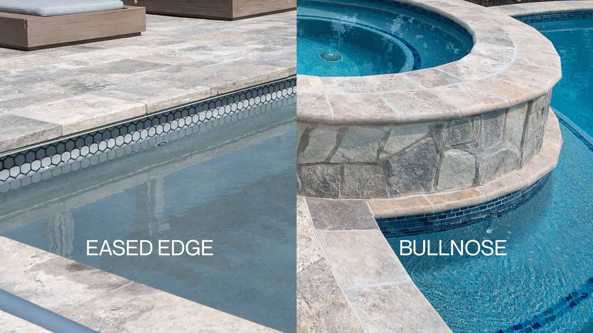 Side-by-side comparison of easing edge and bullnose pool coping styles, with tiles and water visible in a sunny setting.