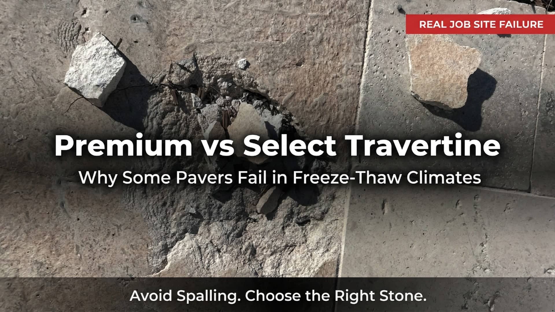 Close-up of travertine pavers showing damage, highlighting the difference between premium and select travertine in freeze-thaw regions. The image emphasizes the importance of choosing quality stone to prevent spalling in hardscape projects.