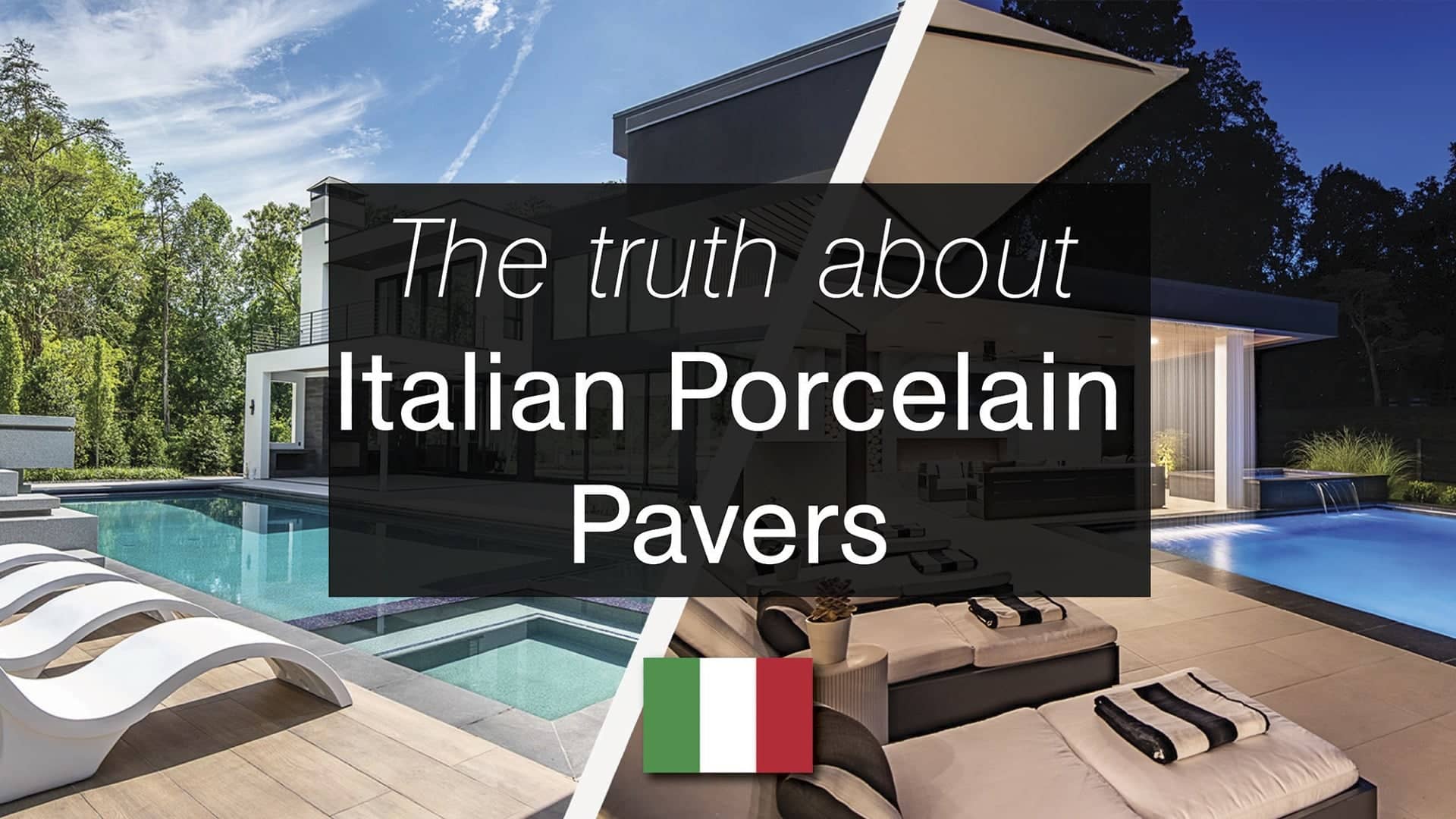 Modern patio and pool area featuring Italian Porcelain Pavers. Light grey pavers surround a clear blue pool, complemented by sleek white lounge chairs. Contemporary architecture with lush greenery enhances the luxurious, serene atmosphere.