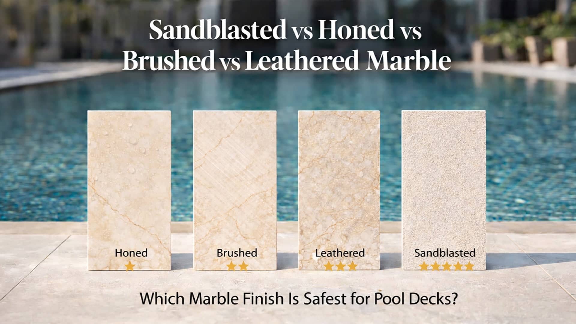 Comparison of marble finishes—honed, brushed, leathered, and sandblasted—against a serene blue pool backdrop. The sandblasted finish, ideal for pool decks, complements the modern, luxurious outdoor setting, enhancing safety and elegance.
