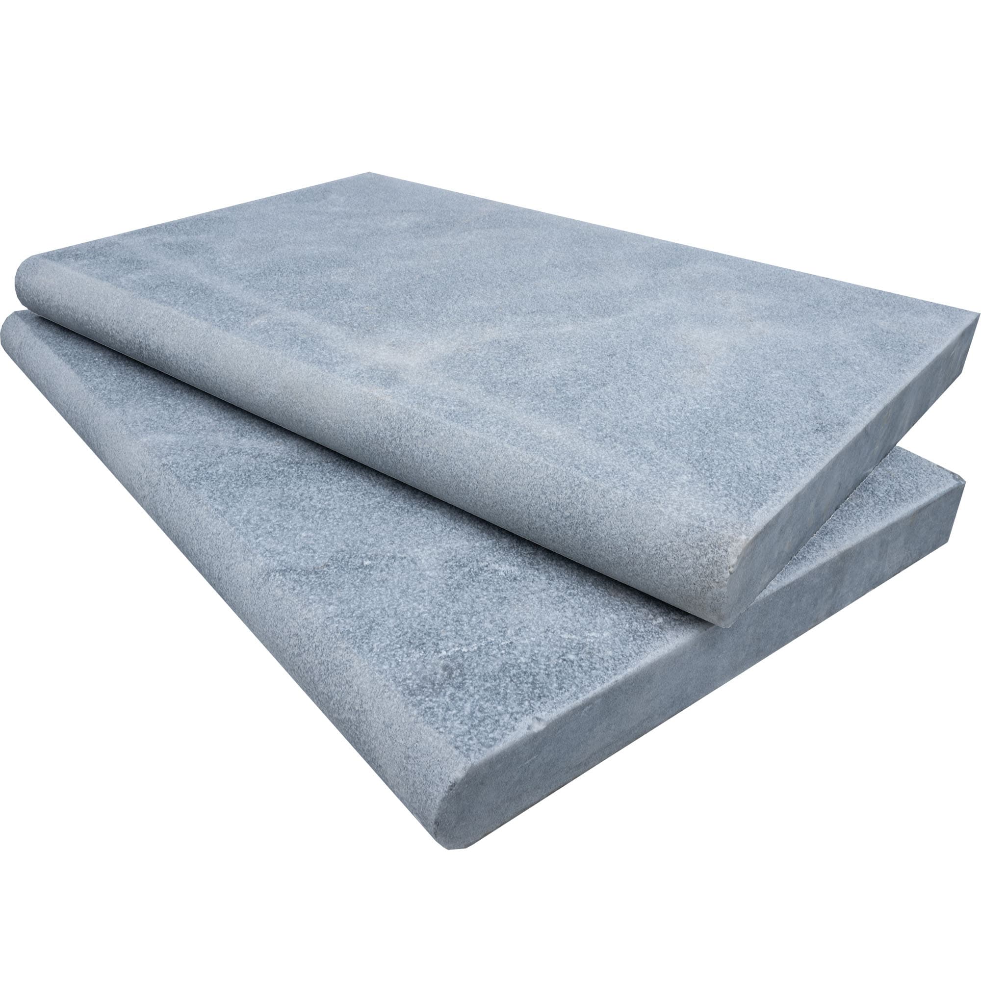 Close-up of Arctic Grey Marble Sand Blasted 16x24x2 Single Bullnose Coping by STONELUX. Features a smooth, sandblasted finish with soft grey tones and subtle veining, ideal for pool edging or patio accents. Perfect for high-end hardscape projects.