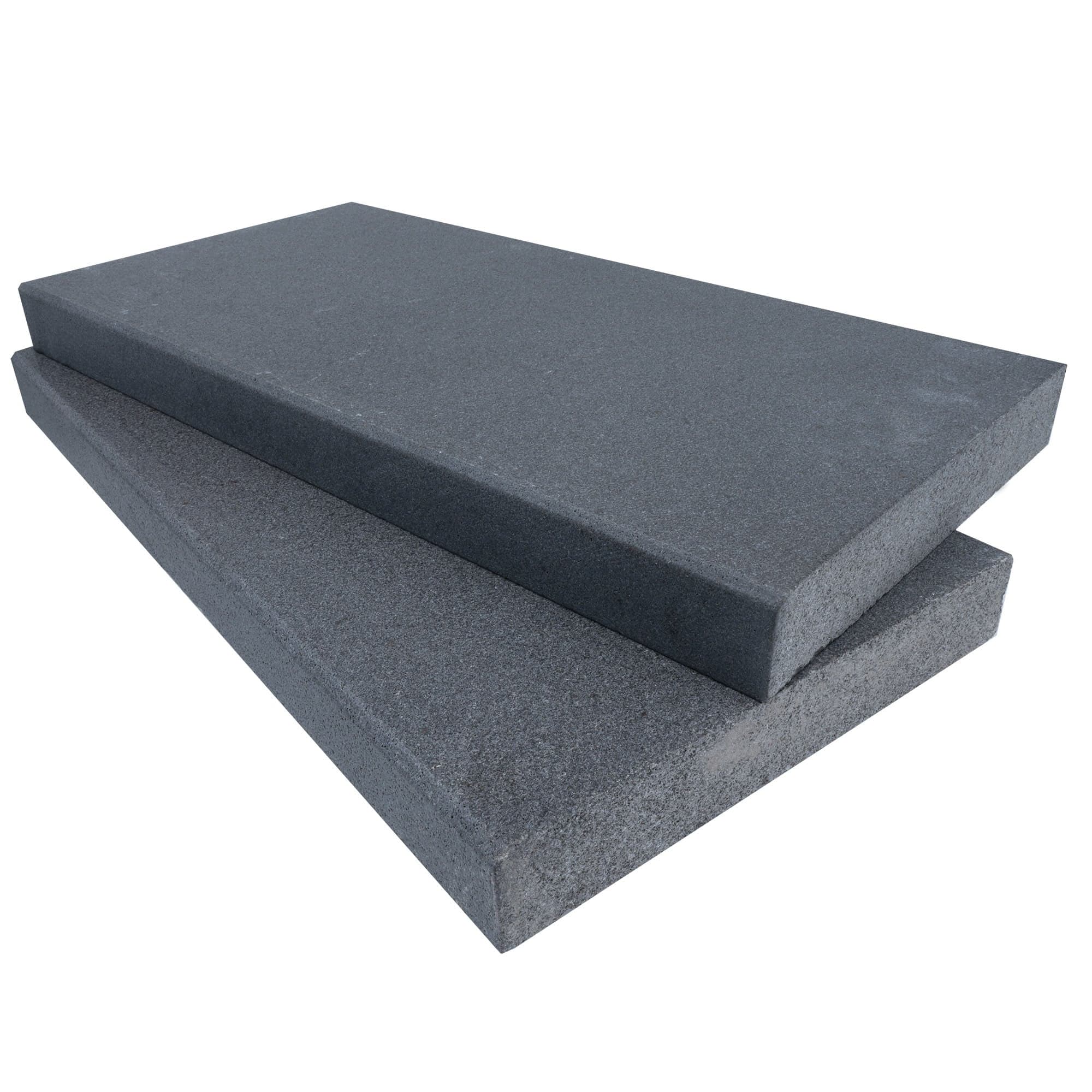 Two STONELUX Black Basalt Tumbled+Brushed 12x24x2 Eased Edge Coping (beveled) pieces are stacked slightly askew on a white background.