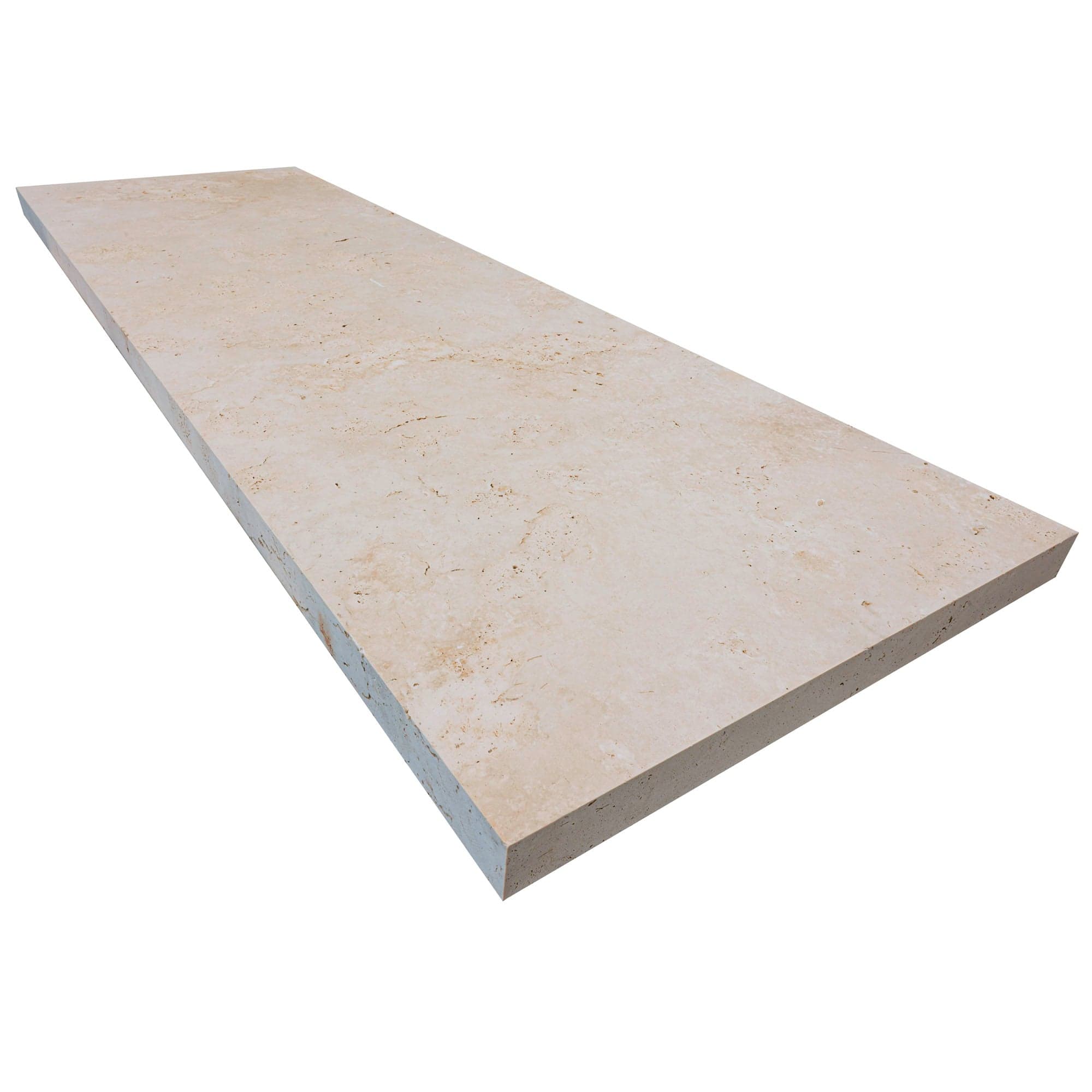 Ivory Travertine Tumbled 24x72x2 Eased Edge Tread - Premium close-up. Features a smooth, tumbled finish with natural beige tones and subtle veining, ideal for luxurious pool coping or patio projects. Perfect for elegant hardscape designs.