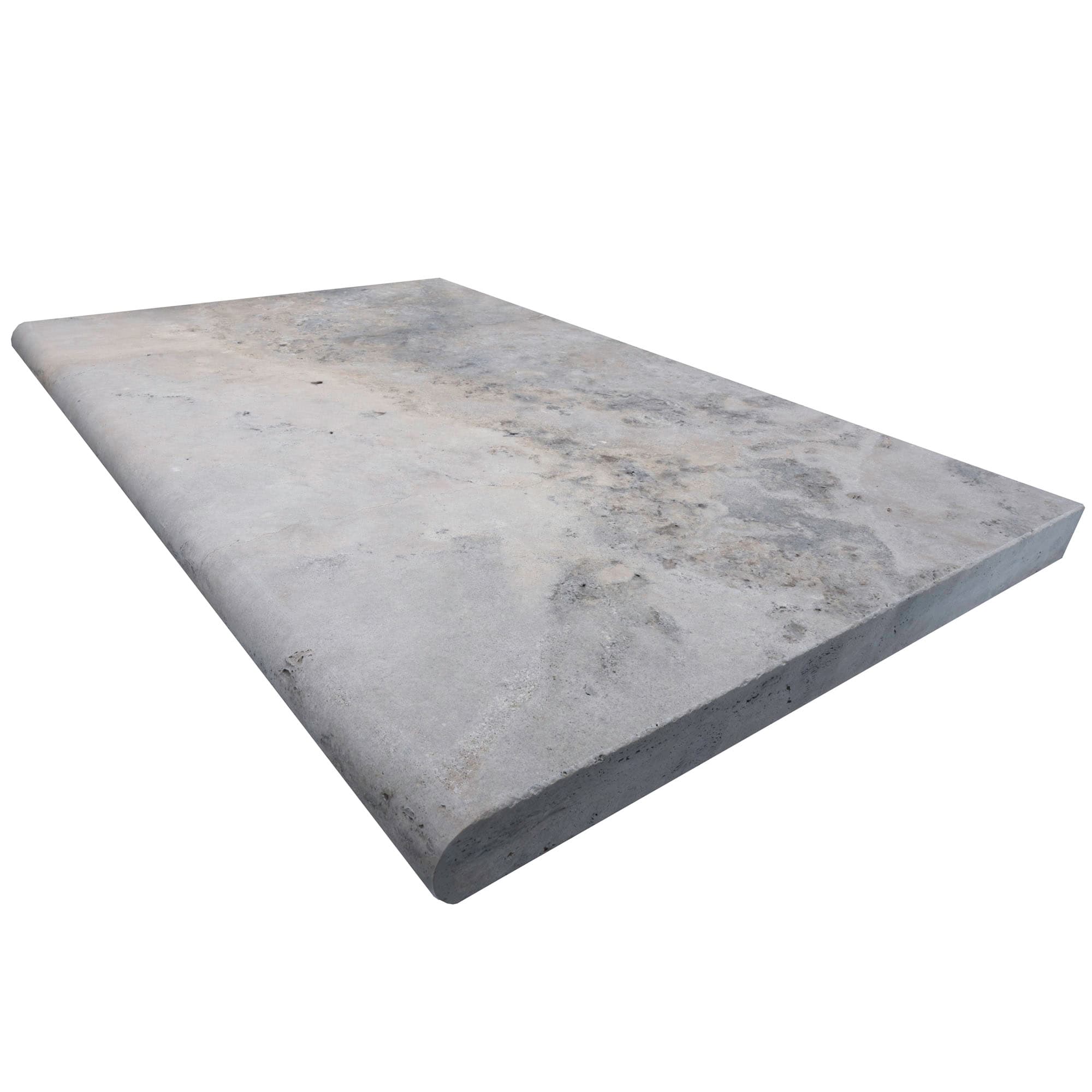 Close-up of Silver Travertine Tumbled 24x36x2 Single Bullnose Coping - Premium, showcasing its natural stone texture with soft gray and beige tones, subtle veining, and smooth tumbled finish, ideal for pool coping or patio edges. Perfect for elegant ha...