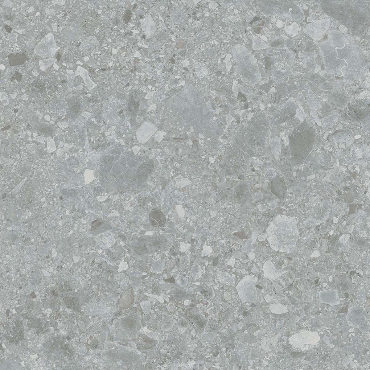 Close-up of the Terrazo Grigio Matte 24x24x2cm Rectified Porcelain Paver. The surface features a sophisticated matte finish with subtle grey tones and intricate stone-like patterns, ideal for elegant modern hardscape projects and poolside installations.
