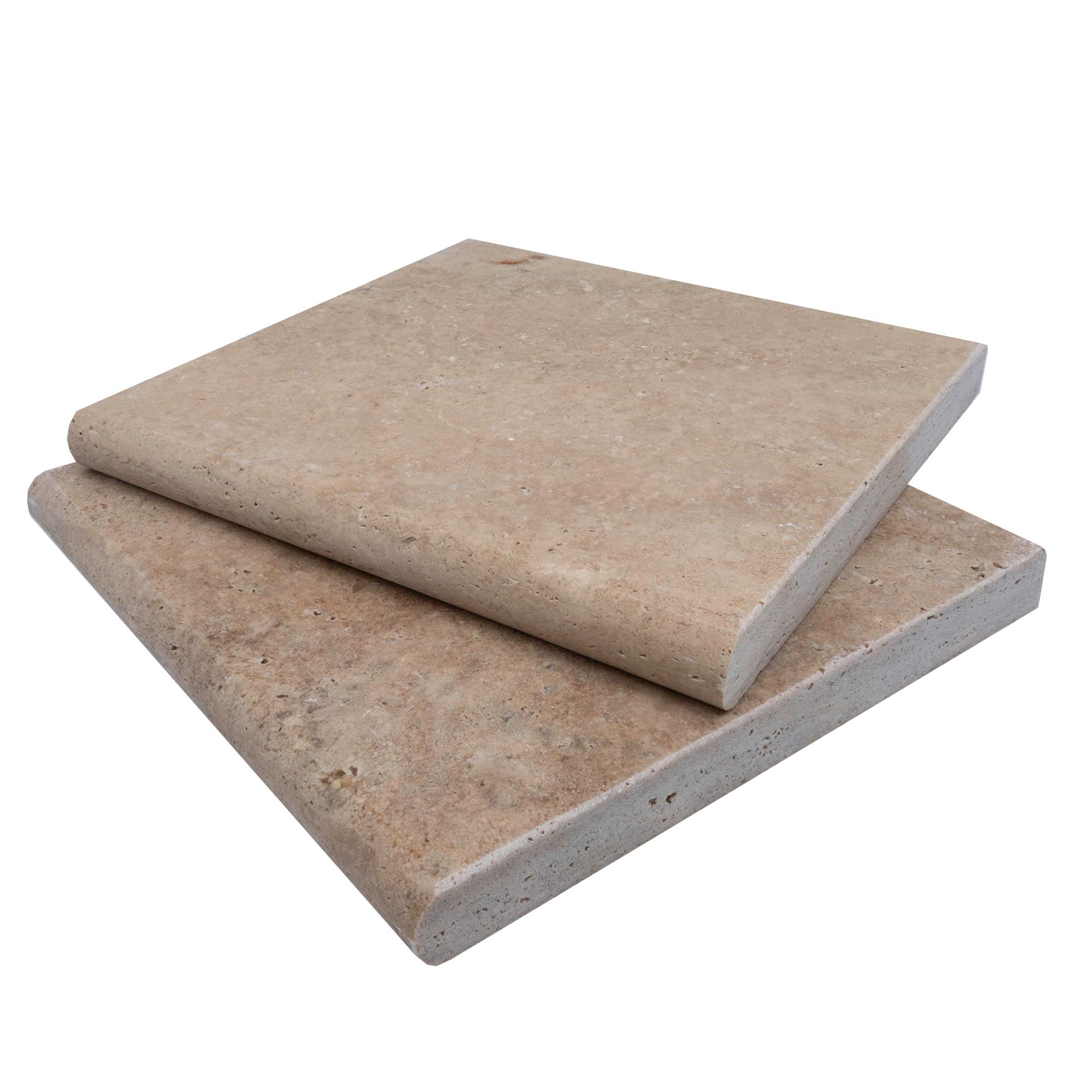 Close-up of Walnut Travertine Tumbled 12x12x3cm Single Bullnose Coping. The natural stone shows a smooth, tumbled finish with warm beige and walnut tones, highlighting its premium quality. Ideal for pool coping and hardscape projects.