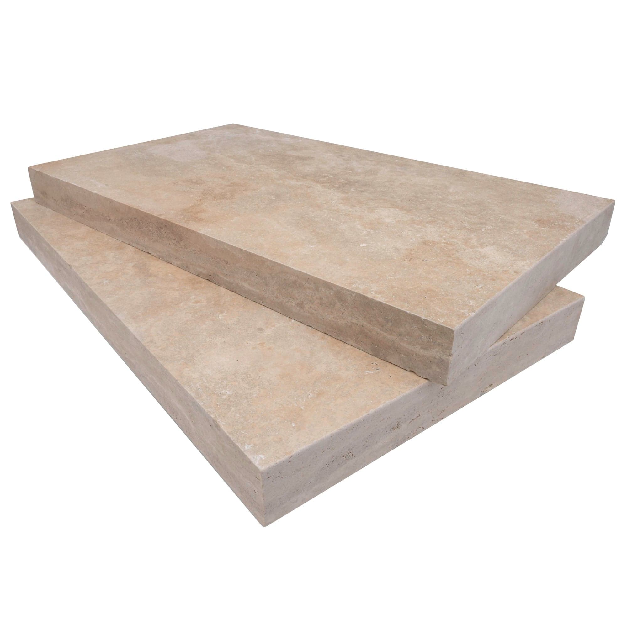 Close-up of Walnut Travertine Tumbled 14x24x2 Eased Edge Coping, showcasing its natural beige tones, subtle veining, and smooth, tumbled finish. Ideal for premium pool coping and hardscape projects, highlighting its durability and elegance.