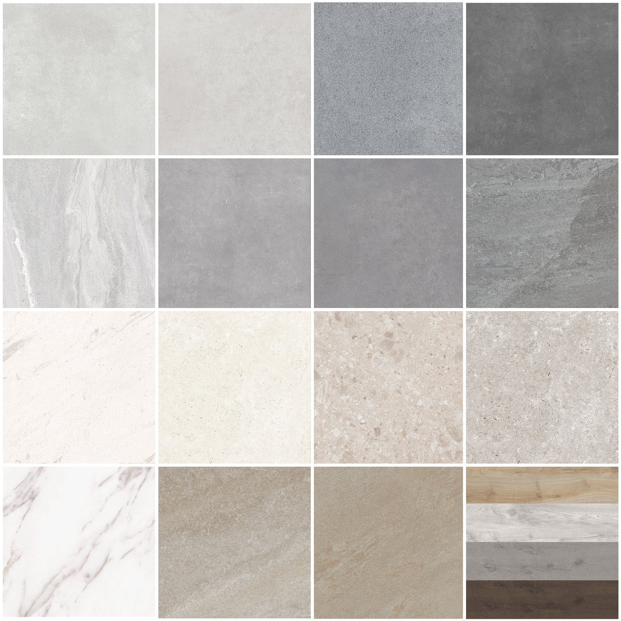 Porcelain Paver Collection by STONELUX showcasing a range of natural stone textures and colors. The image features close-ups of pavers with diverse shades from light beige to dark gray, highlighting smooth and textured surfaces ideal for hardscape proj...