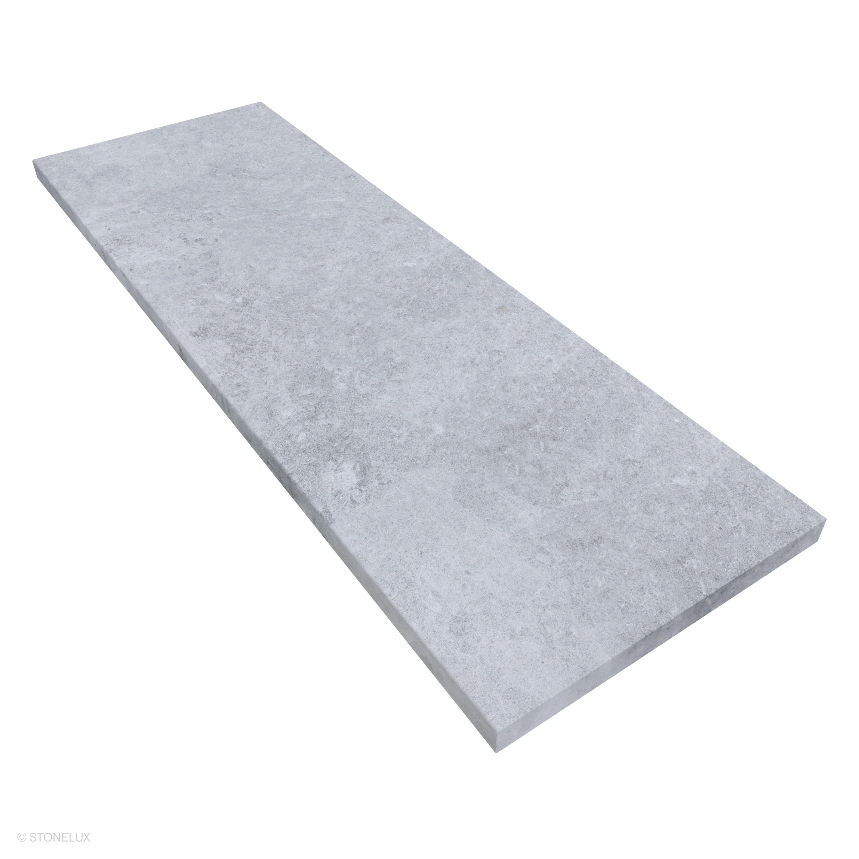 Close-up of Tundra Grey Marble Sand Blasted 24x72x2 Eased Edge Tread by STONELUX. The marble features a sandblasted finish with subtle grey veining, ideal for pool coping or steps. Durable 2-inch thickness and sleek eased edge enhance modern outdoor de...