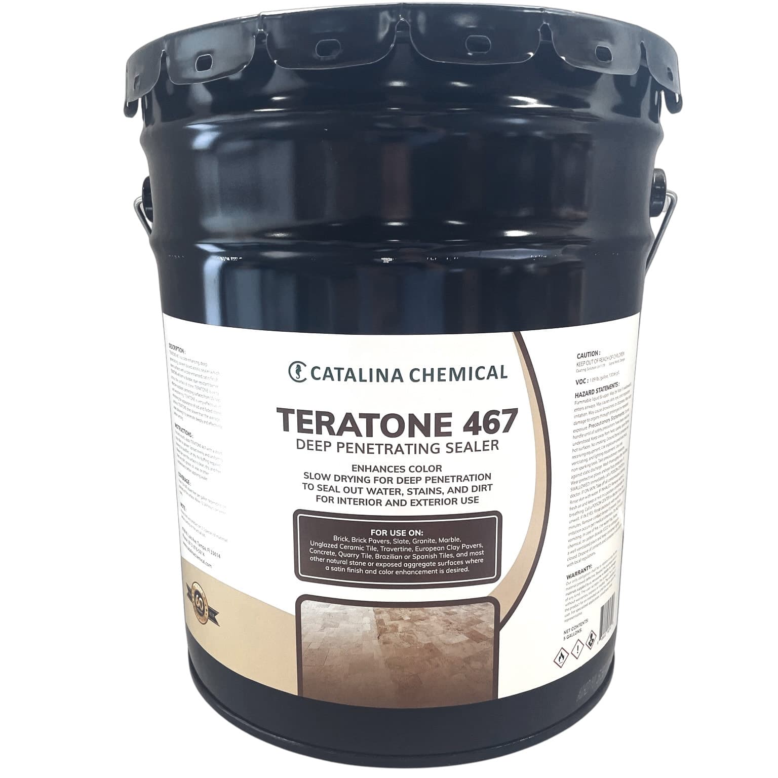 Black container of TERATONE 467, a color-enhancing, deep-penetrating sealer for natural stone. Ideal for enhancing marble, travertine, and limestone. Suitable for interior and exterior use, offering protection against water, stains, and dirt.