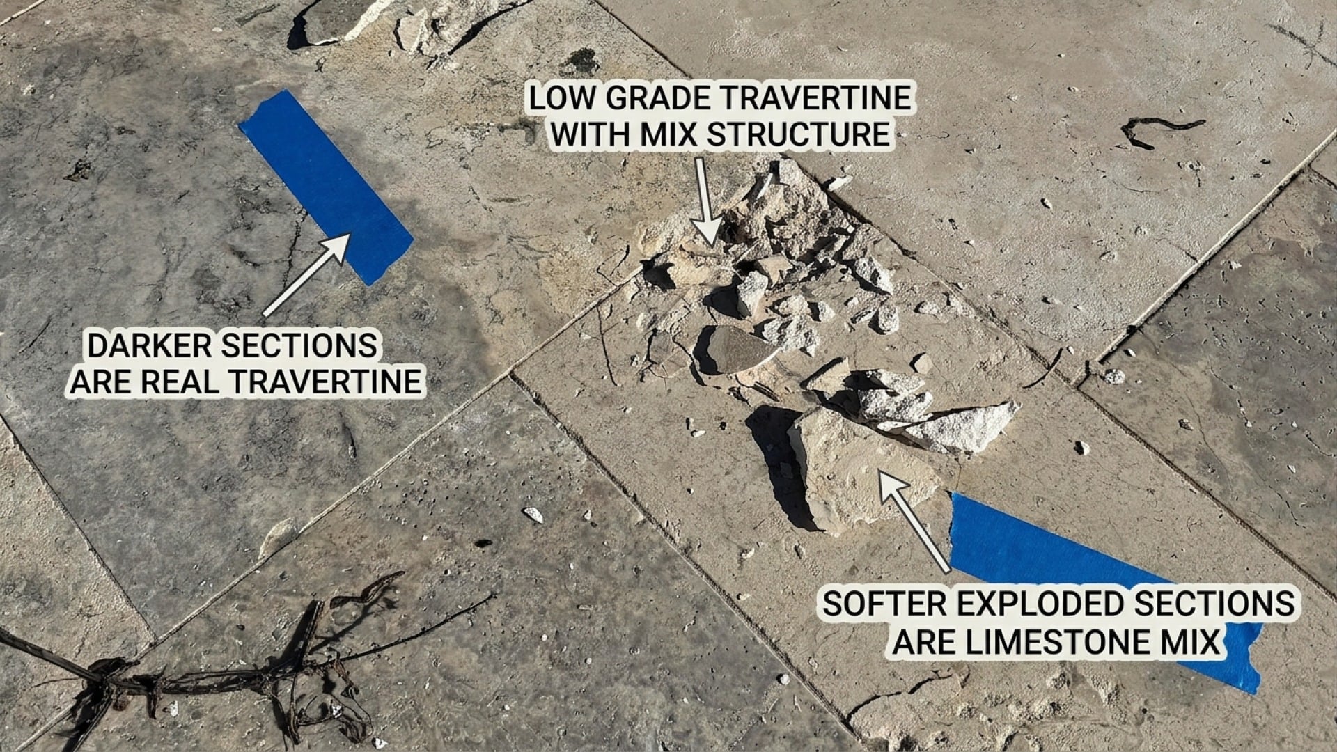 Low-grade travertine paver showing freeze-thaw damage with spalling and limestone mix sections breaking apart