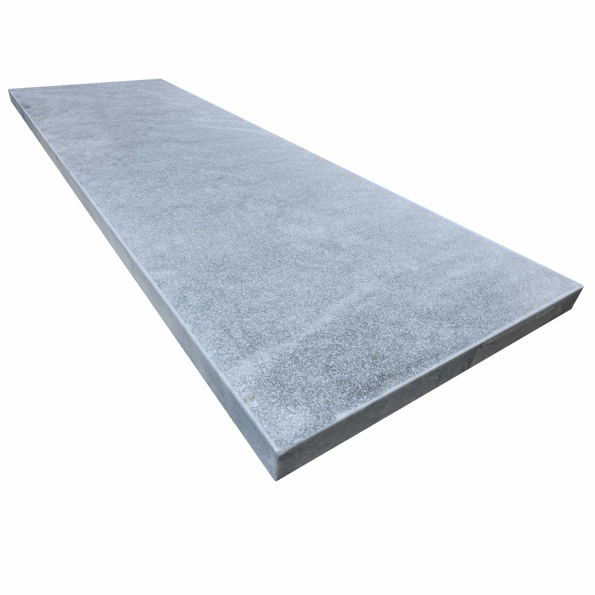 Close-up of Arctic Grey Marble Sand Blasted 24x72x2 Eased Edge Tread. The natural stone features a sandblasted finish with subtle grey tones and fine texture, ideal for pool coping or patio installations, showcasing premium quality marble.