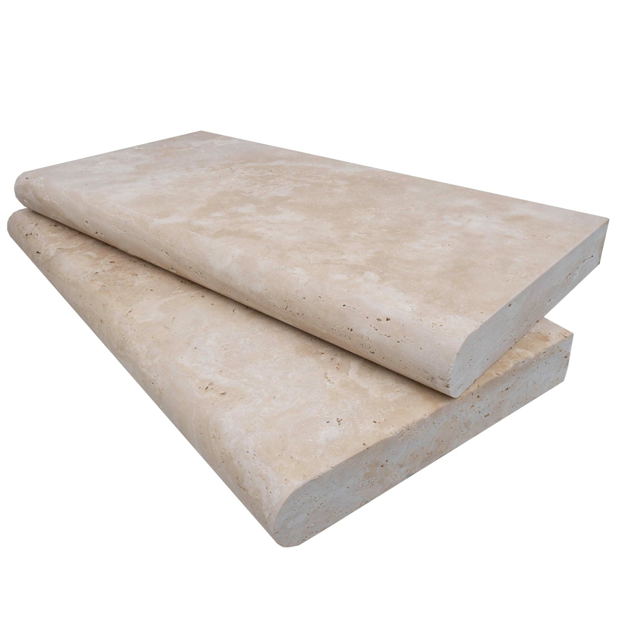 Close-up of Ivory Travertine Tumbled 12x24x2 Single Bullnose Coping, showcasing its natural beige tones and textured surface. The premium travertine features subtle veining and a smooth, rounded edge, ideal for enhancing pool coping or patio designs.