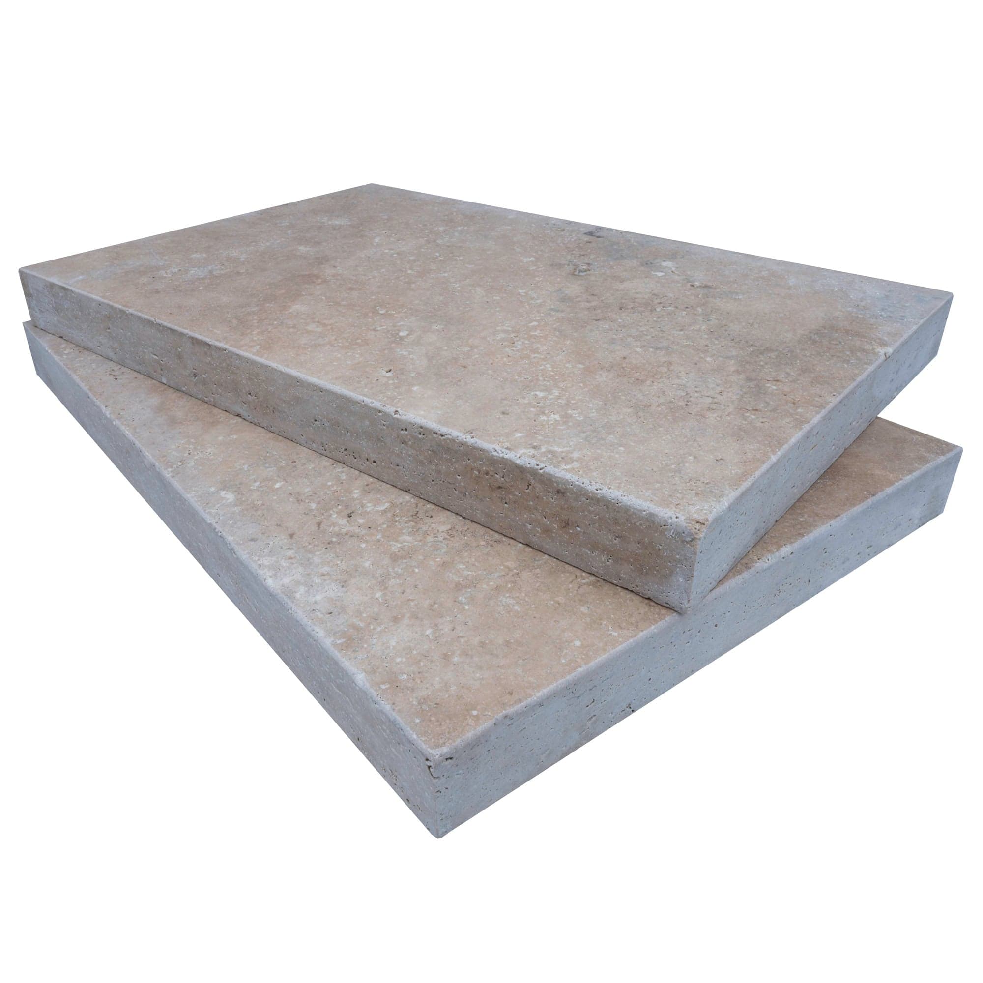 Close-up of Philly Travertine Tumbled 16x24x2 Eased Edge Coping, showcasing its natural stone texture and warm beige tones. The tumbled finish highlights subtle veining, ideal for premium pool coping or patio projects. Perfect for hardscape enhancements.