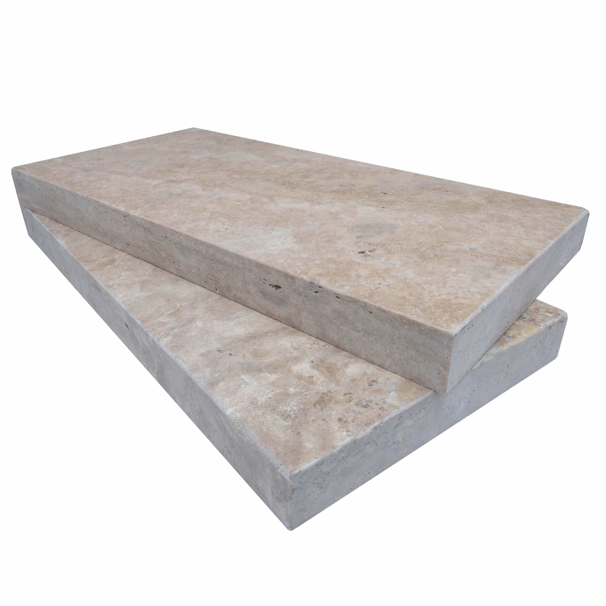 Close-up of Philly Travertine Tumbled 14x24x2 Eased Edge Coping by STONELUX, showcasing the natural stone's beige tones, subtle veining, and smooth tumbled finish. Ideal for pool coping and hardscape projects, enhancing outdoor aesthetics.