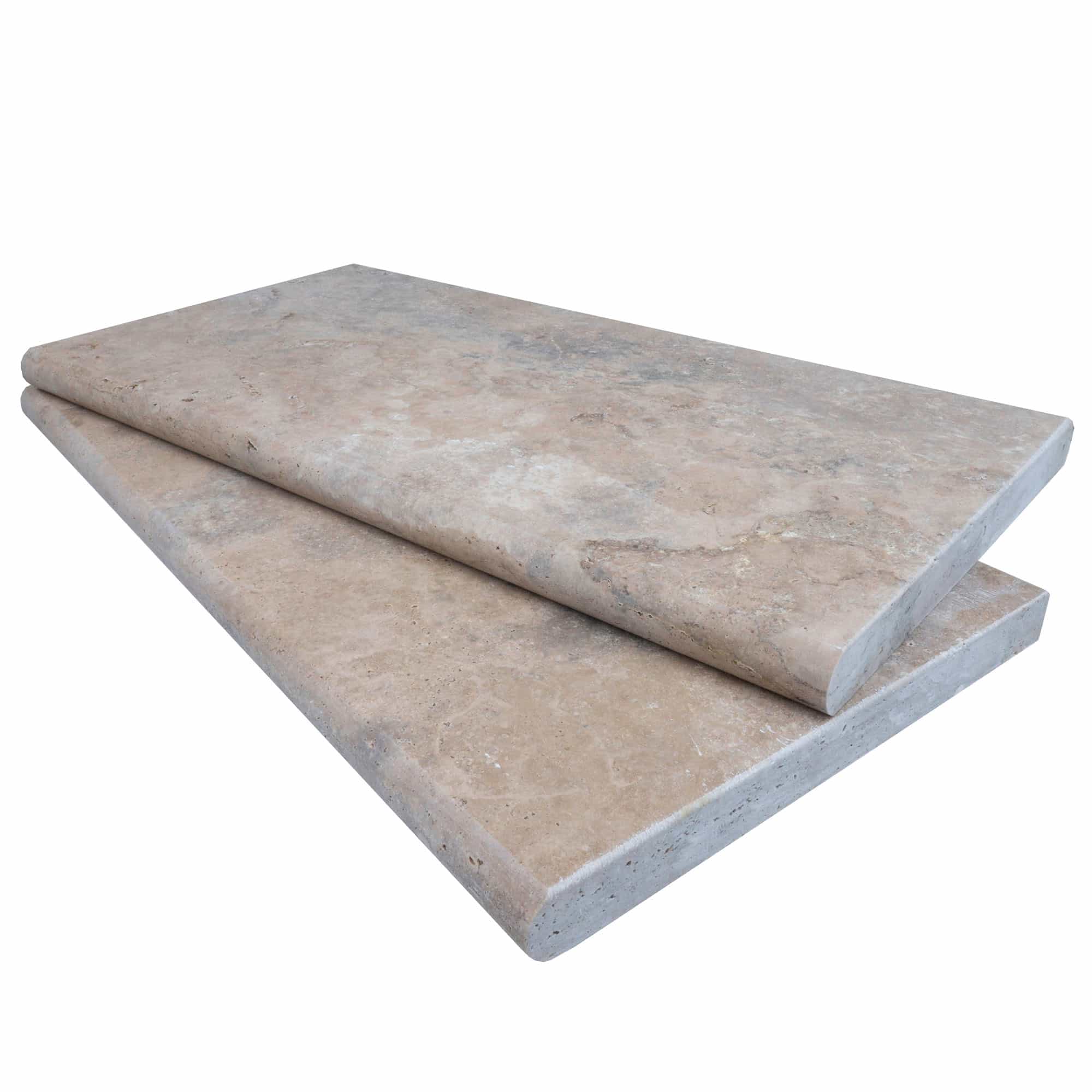 Close-up of Philly Travertine Tumbled 12x24x3cm Single Bullnose Coping, showcasing its natural stone texture with warm beige hues and subtle veining. The tumbled finish highlights the stone's rustic elegance, ideal for pool edges and hardscape projects.