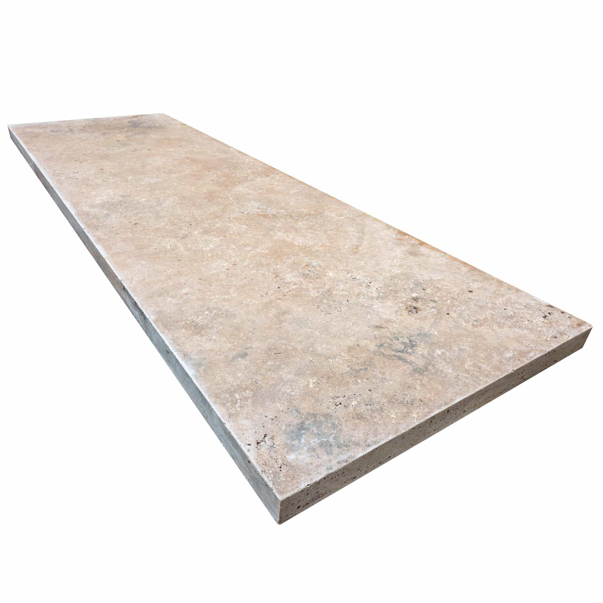 Close-up of Philly Travertine Tumbled 24x72x2 Eased Edge Tread, showcasing its natural stone texture with soft beige and cream tones, subtle veining, and a tumbled finish. Ideal for pool coping and patio projects, offering a timeless, elegant look.