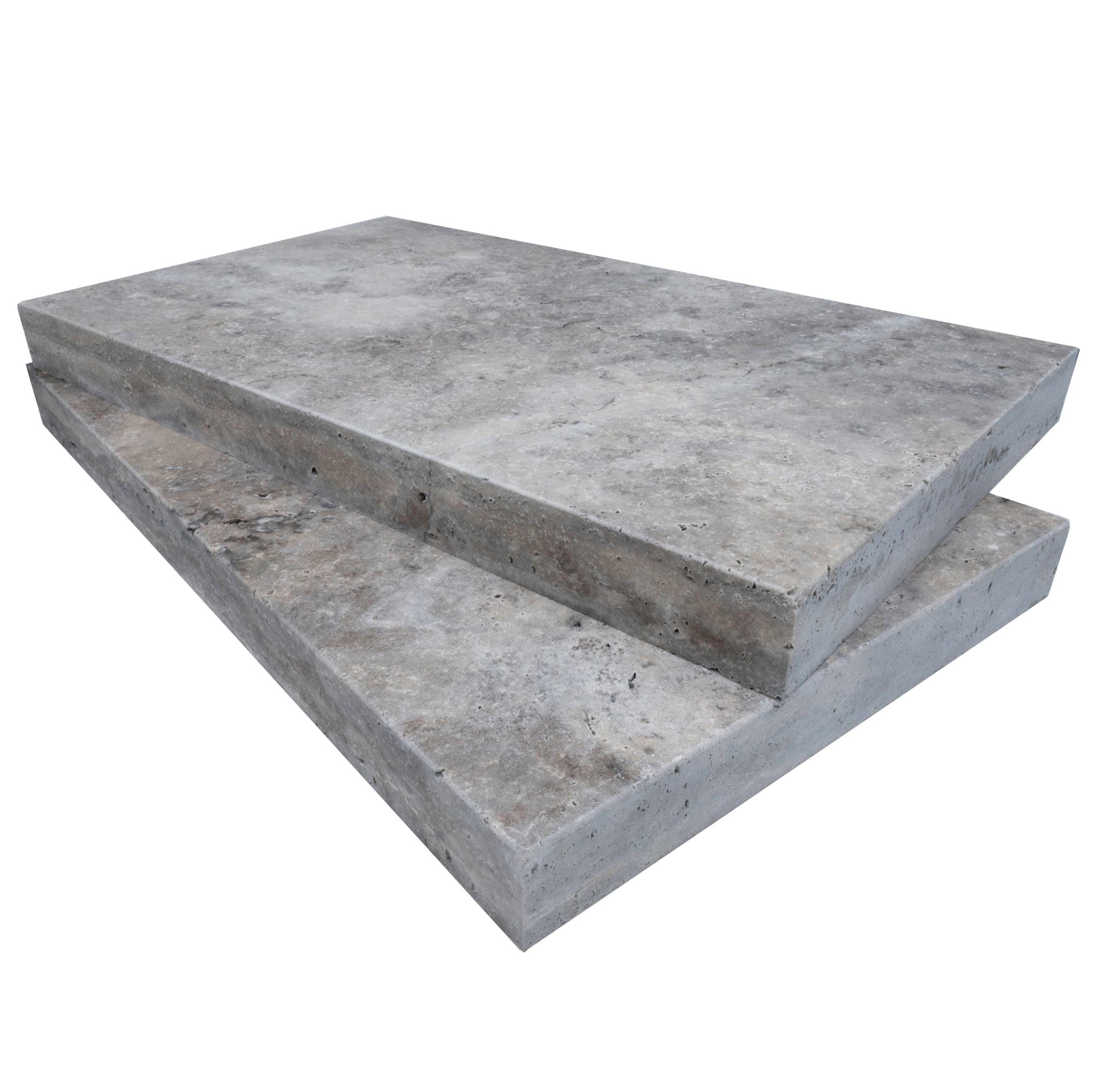 Close-up of Silver Travertine Tumbled 14x24x2 Eased Edge Coping by STONELUX, showcasing its natural stone texture with gray and beige tones. The tumbled finish highlights subtle veining, ideal for pool coping or patio edges in hardscape projects.