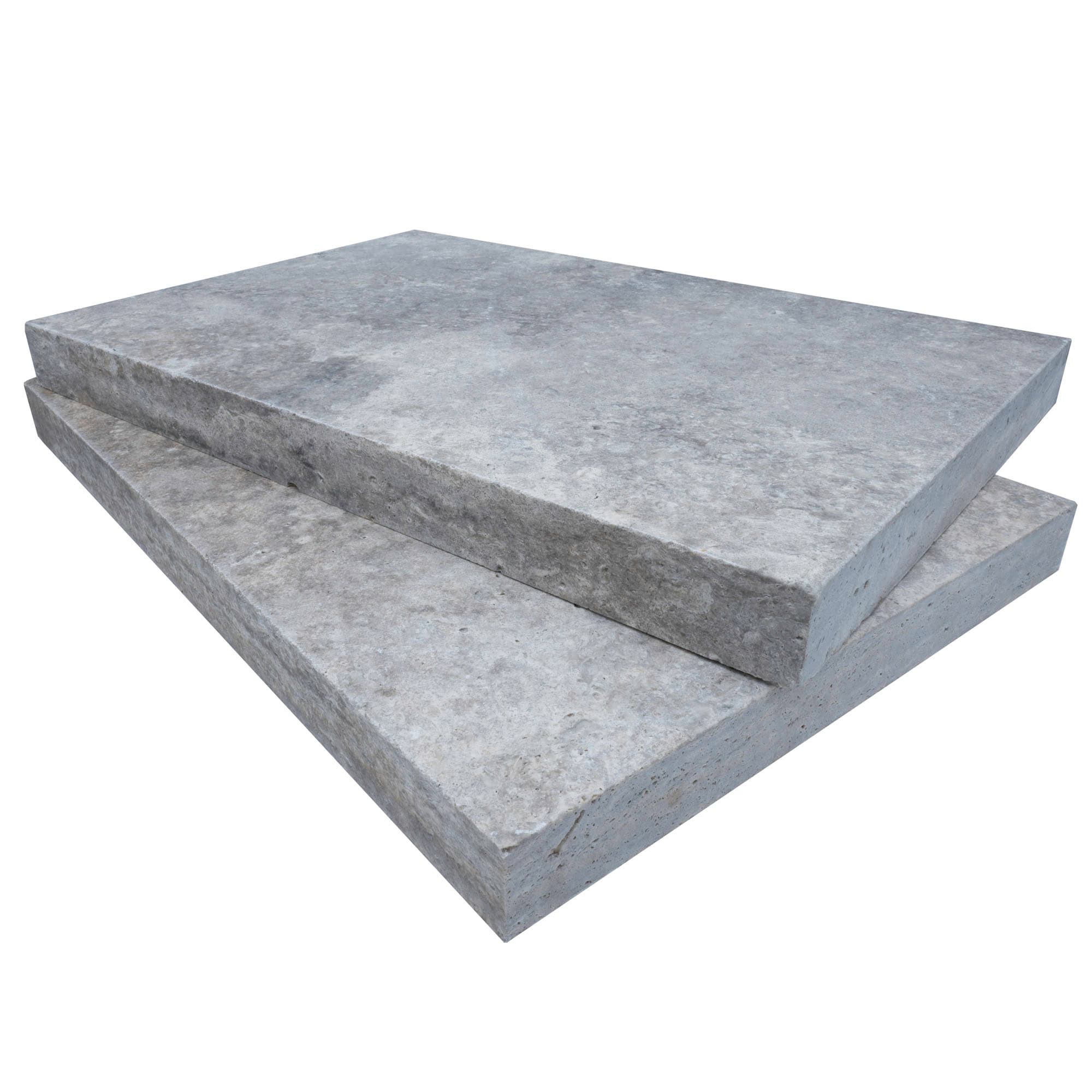 Close-up of Silver Travertine Tumbled 16x24x2 Eased Edge Coping by STONELUX, showcasing its premium natural stone texture. The tumbled finish highlights subtle gray veining, ideal for elegant pool coping or patio projects.
