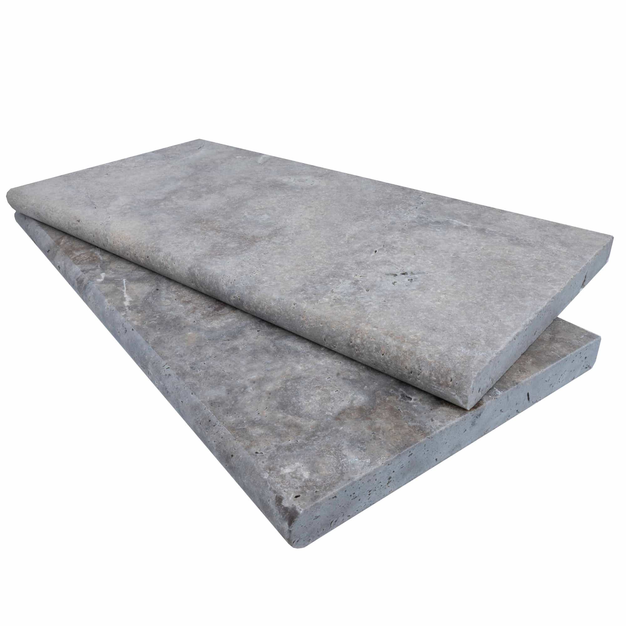 Close-up of Silver Travertine Tumbled 14x24x3cm Single Bullnose Coping by STONELUX. Features a smooth, weathered surface with natural gray veining and a premium tumbled finish. Ideal for pool coping and hardscape projects, combining durability and eleg...