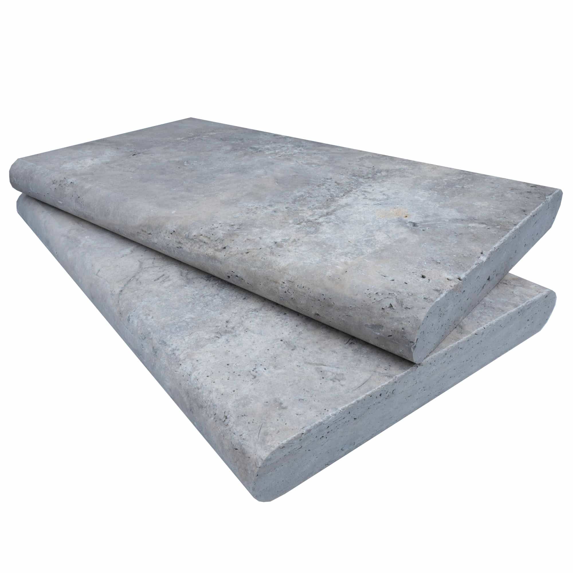 Close-up of Silver Travertine Tumbled 14x24x2 Double Bullnose Coping. The premium travertine features a smooth, tumbled finish with subtle grey tones and natural veining, ideal for pool coping and hardscape projects. Durable and elegant natural stone.