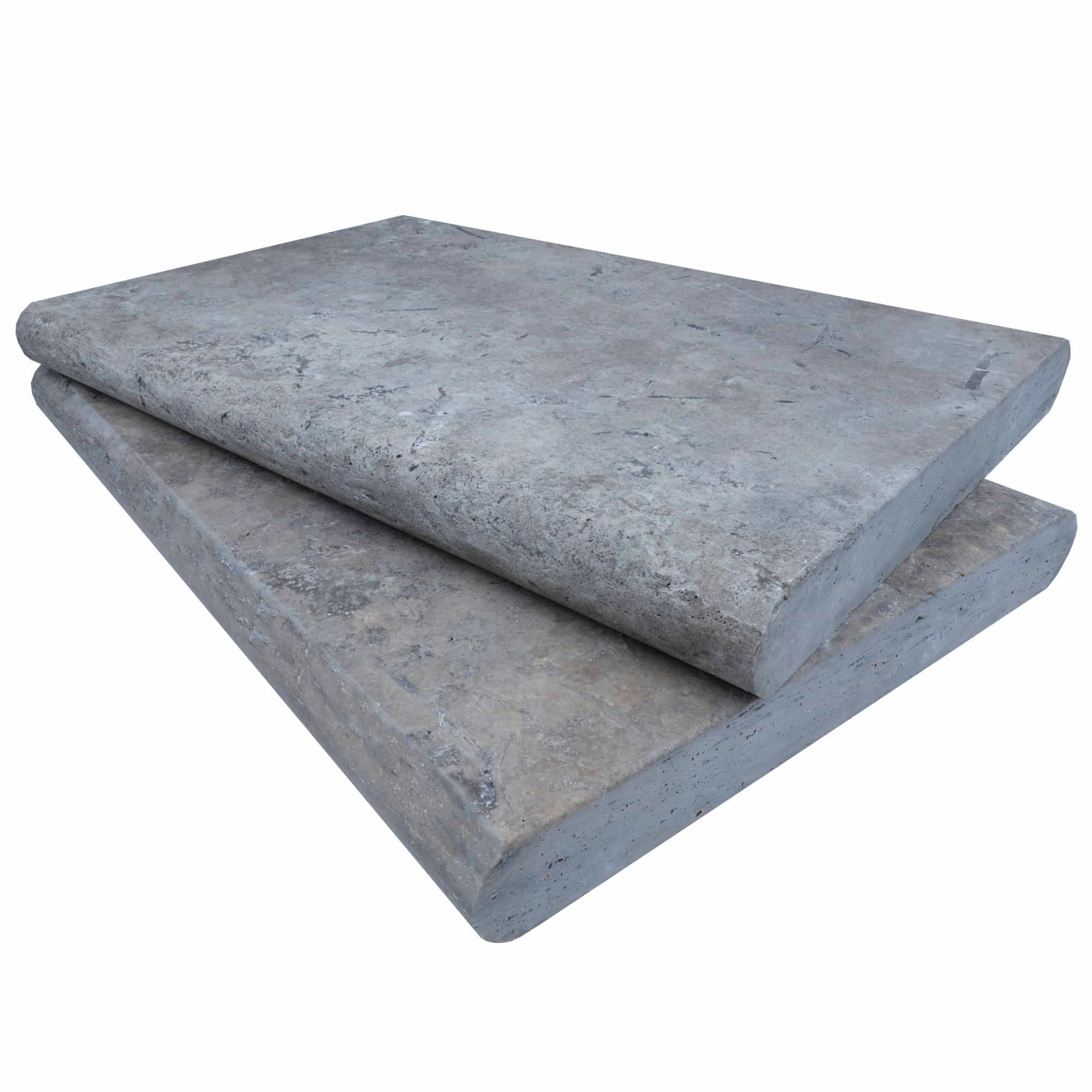 Close-up of Silver Travertine Tumbled 16x24x2 Double Bullnose Coping. The natural stone displays a smooth, weathered texture with subtle gray and beige veining, ideal for pool edging and outdoor hardscape projects, from STONELUX's premium collection.
