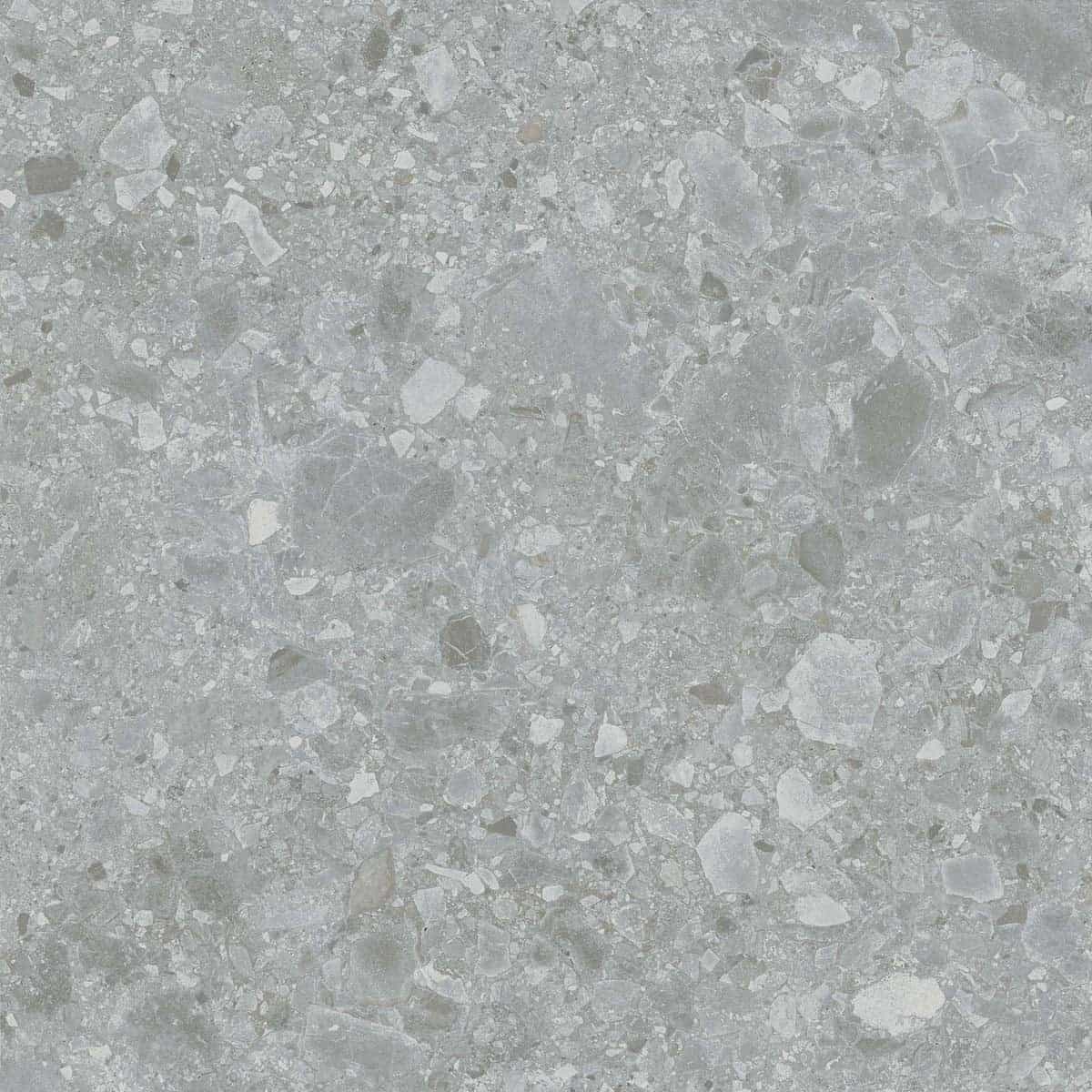 Close-up of the Terrazo Grigio Matte 24x24x2cm Rectified Porcelain Paver. The surface features a sophisticated matte finish with subtle grey tones and intricate stone-like patterns, ideal for elegant modern hardscape projects and poolside installations.