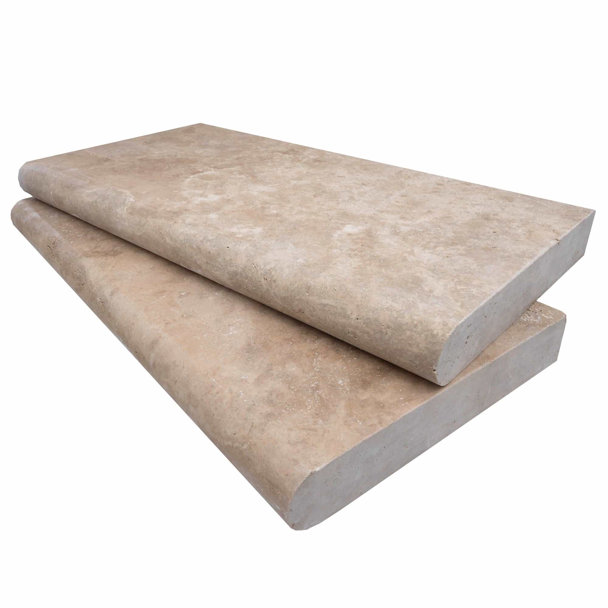 Close-up of Walnut Travertine Tumbled 12x24x2 Single Bullnose Coping by STONELUX. The premium natural stone displays a warm beige hue with subtle veining and a smooth, tumbled finish, ideal for pool edging and hardscape projects.