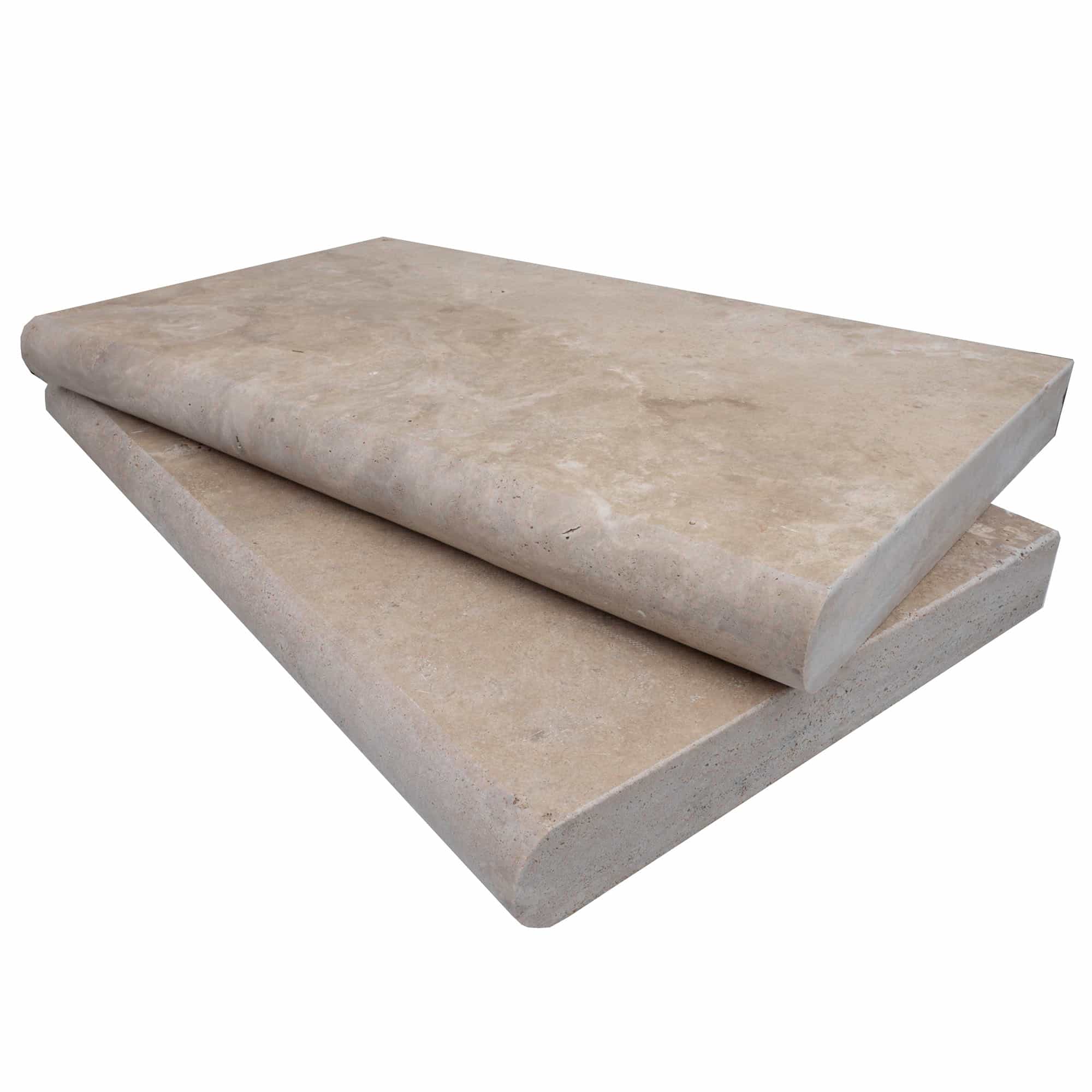 Close-up of Walnut Travertine Tumbled 14x24x2 Single Bullnose Coping. The natural stone features a warm beige color with subtle veining and a textured tumbled finish, ideal for pool coping and hardscape projects, showcasing luxury and durability.