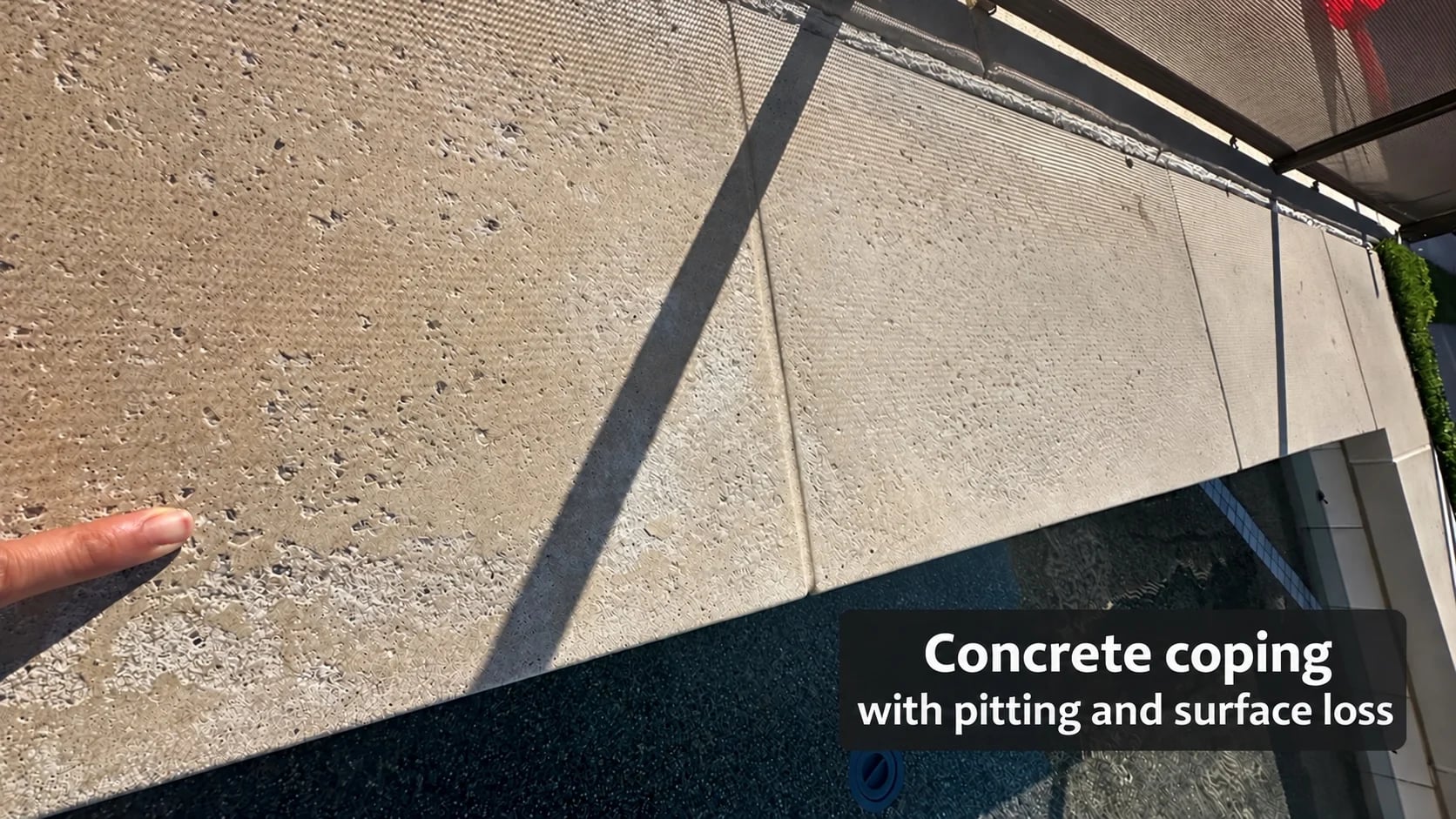Concrete coping with pitting and surface loss.