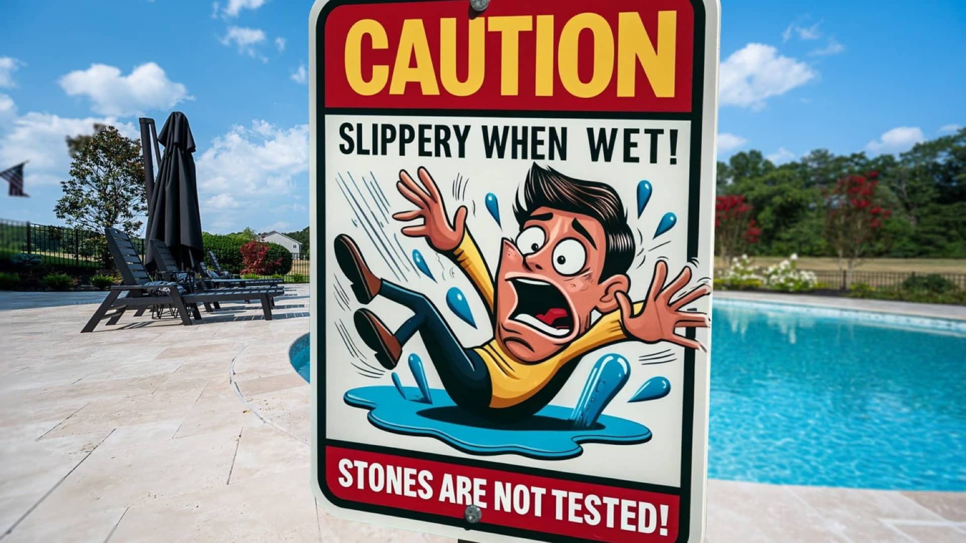 Caution sign warning of slippery surfaces near a pool, featuring a cartoon character slipping in water.