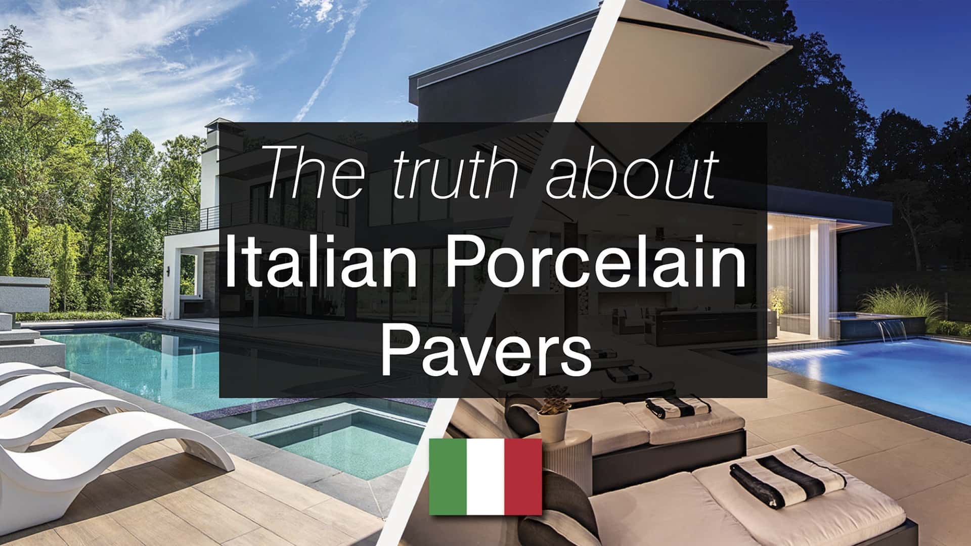 Modern patio and pool area featuring Italian Porcelain Pavers. Light grey pavers surround a clear blue pool, complemented by sleek white lounge chairs. Contemporary architecture with lush greenery enhances the luxurious, serene atmosphere.