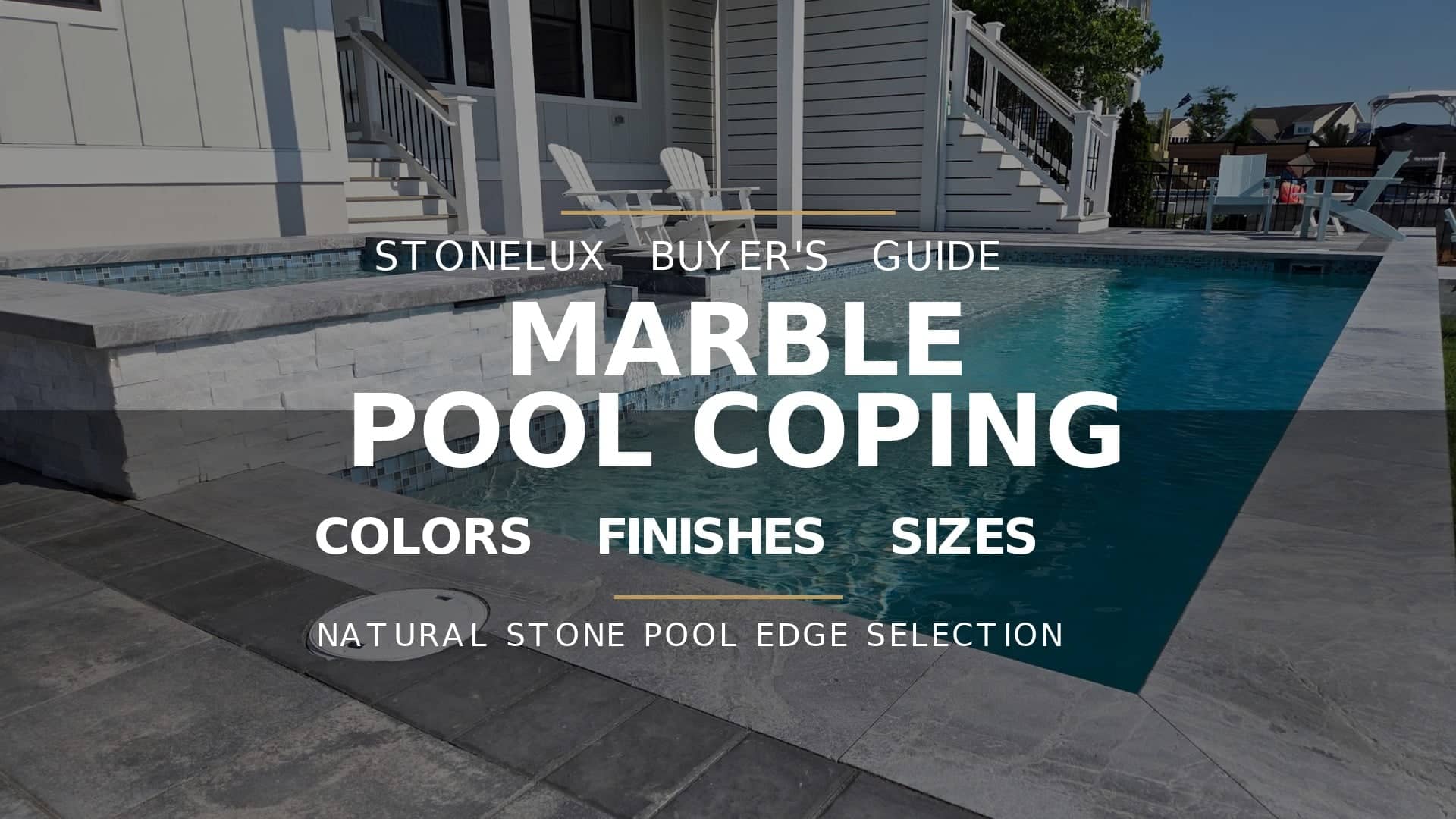 Marble pool coping buyer's guide with grey marble coping around a swimming pool.