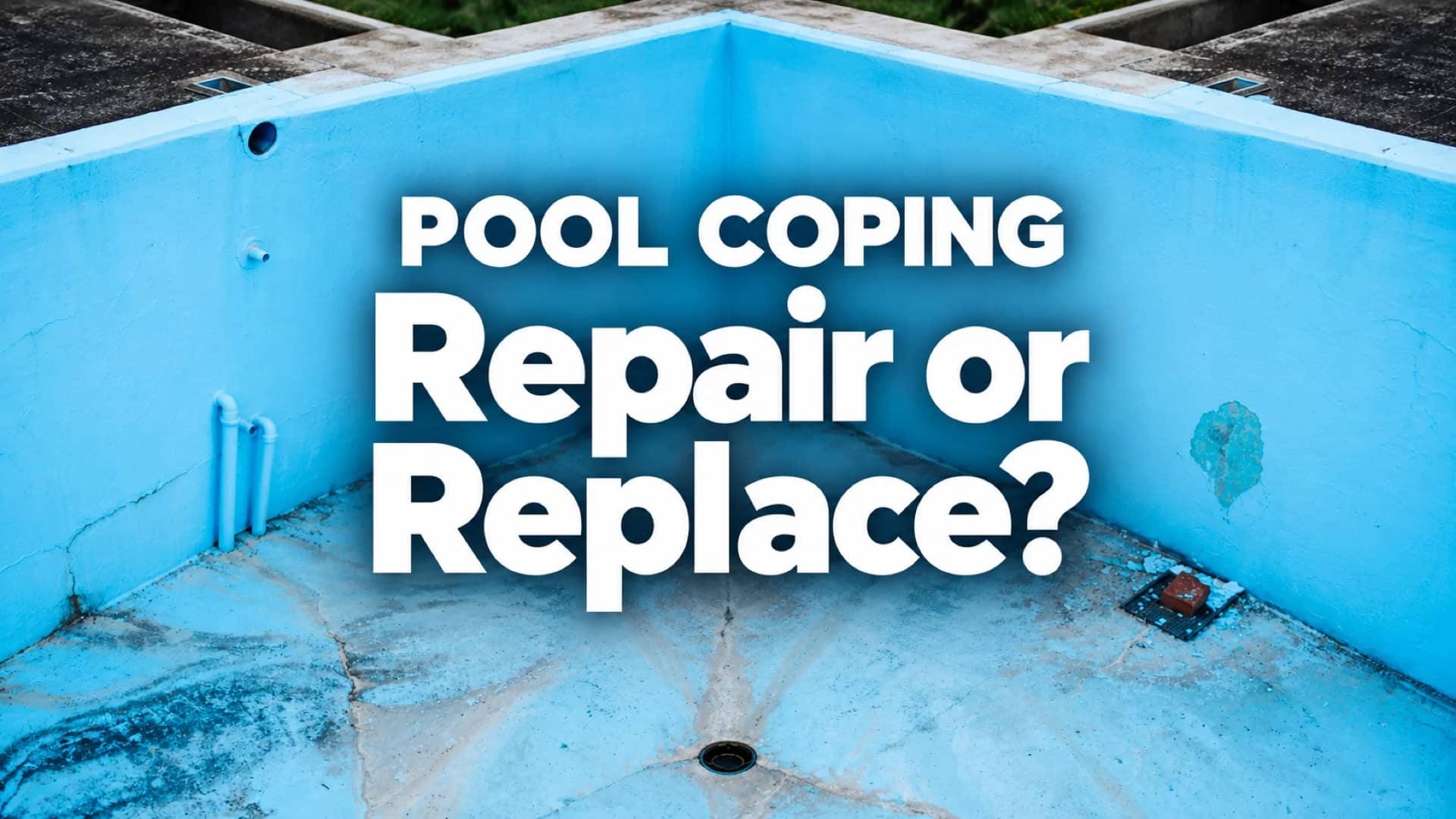 Pool Coping: Repair or Replace? White editorial title over a horizontally mirrored photograph of an older empty blue swimming pool.