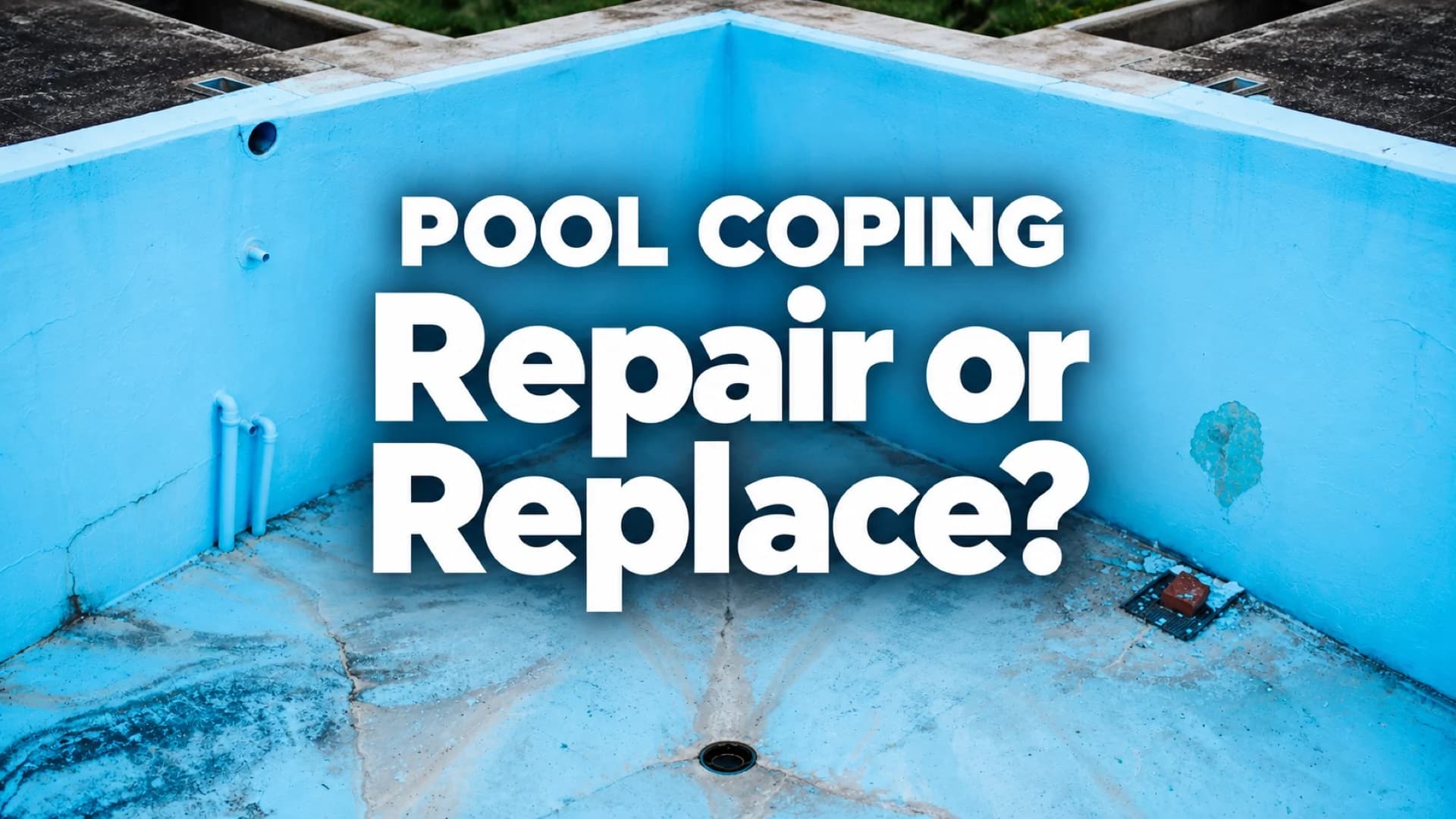 Pool Coping: Repair or Replace? White editorial title over a horizontally mirrored photograph of an older empty blue swimming pool.