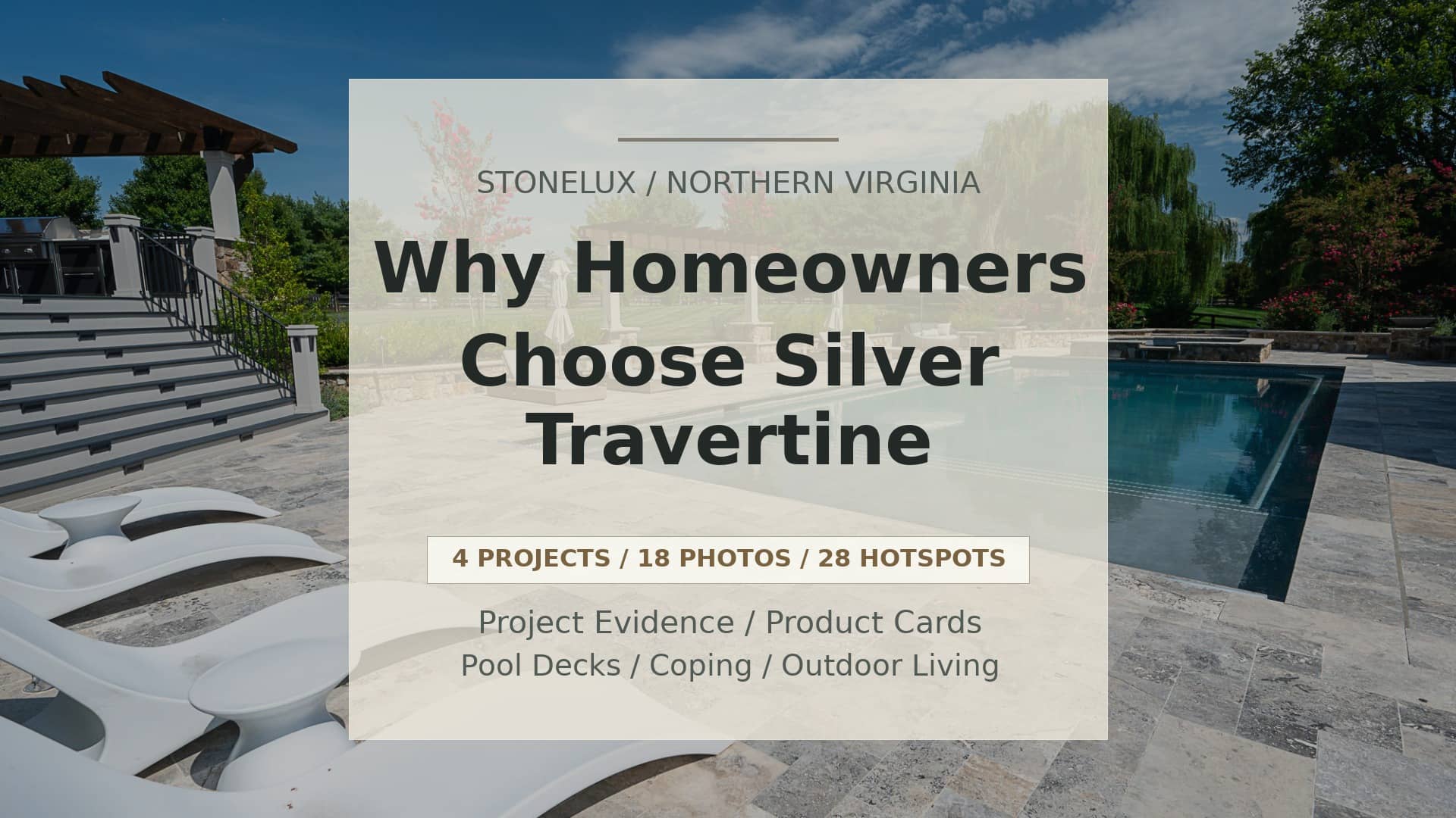 Silver Travertine pool and outdoor living project with centered STONELUX report text overlay.