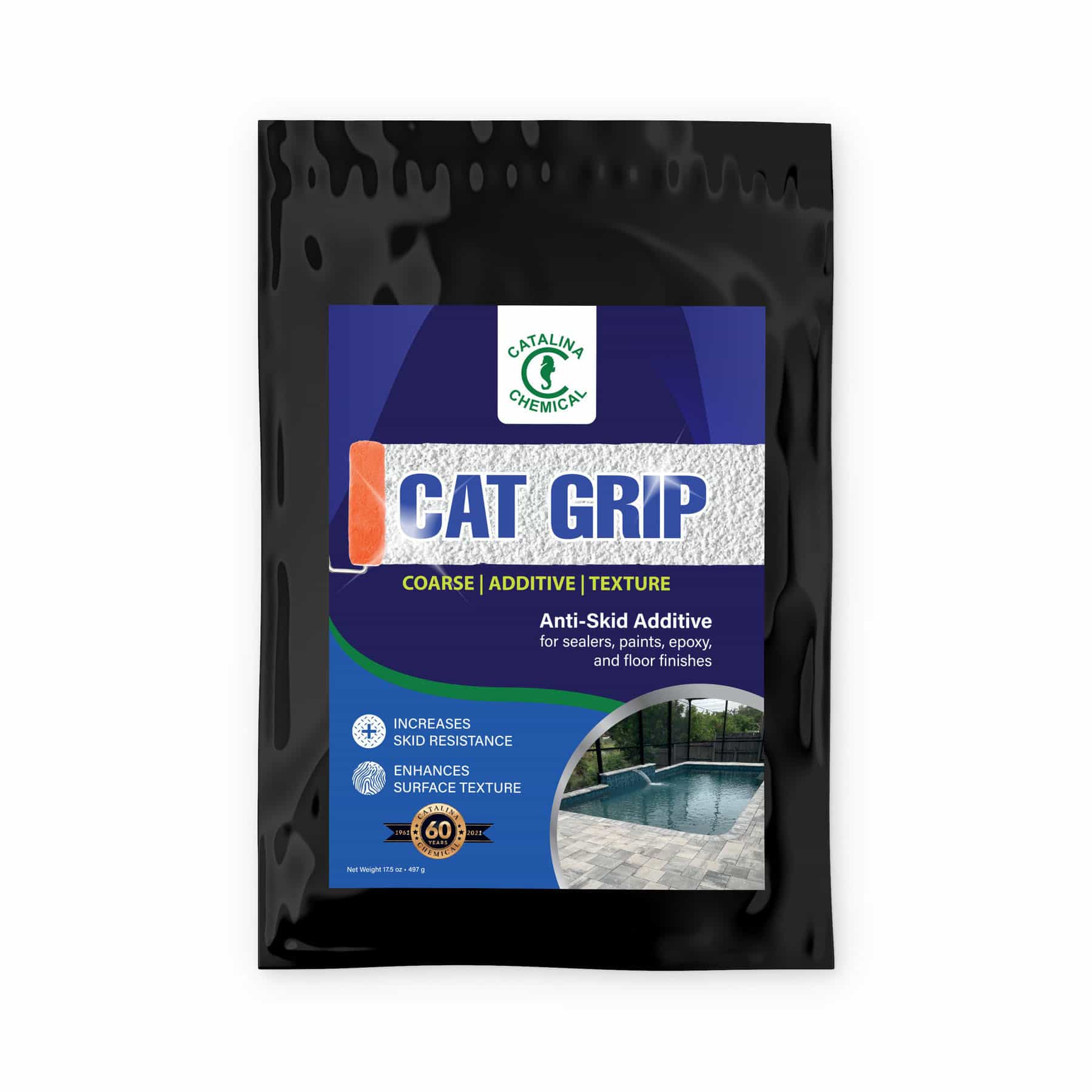 CAT GRIP: Coarse Additive Texture for Anti-slip application shown in a 3.5oz package. The product enhances skid resistance for natural stone surfaces, ideal for pool decks and patios. Packaging features a poolside image, highlighting its use in wet areas.
