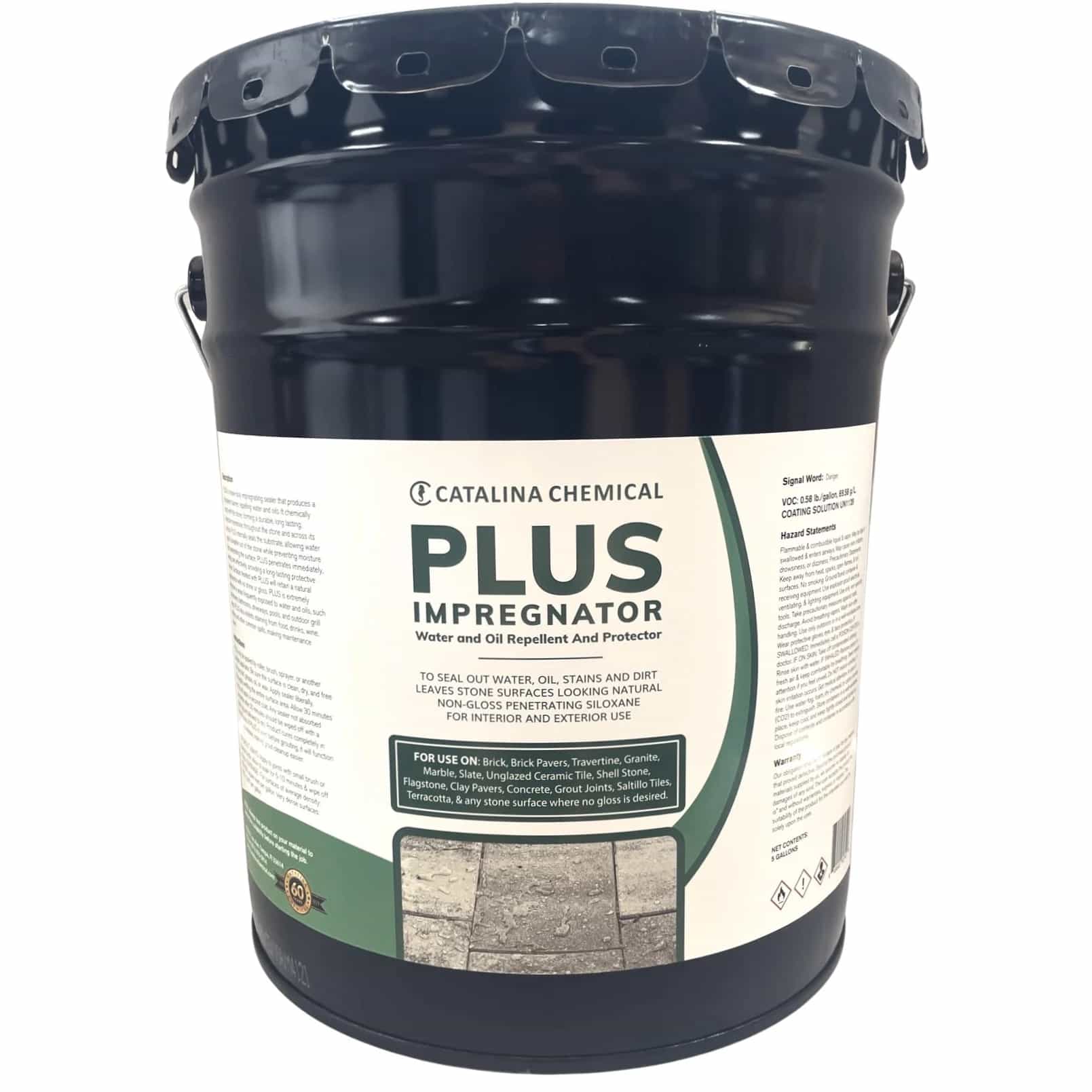 STONELUX PLUS: Oil & Water Repellent and Protector in a large black container, featuring a label with product details. Ideal for sealing natural stone like marble and travertine, providing extra protection for 400-500 sqft/gal. Suitable for hardscape p...